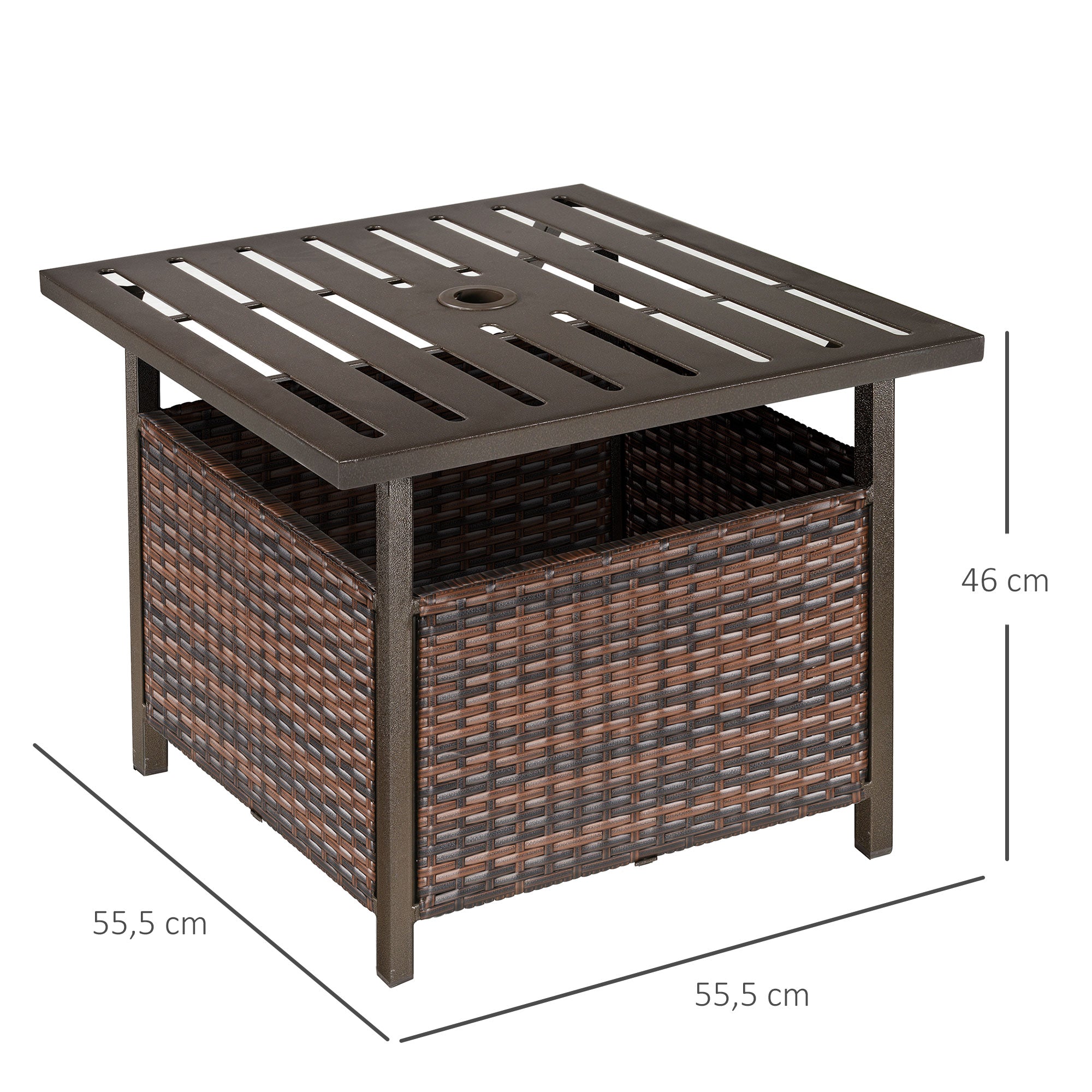 Rattan Garden Coffee Table, Square Side Table with Umbrella Hole, Brown Wicker