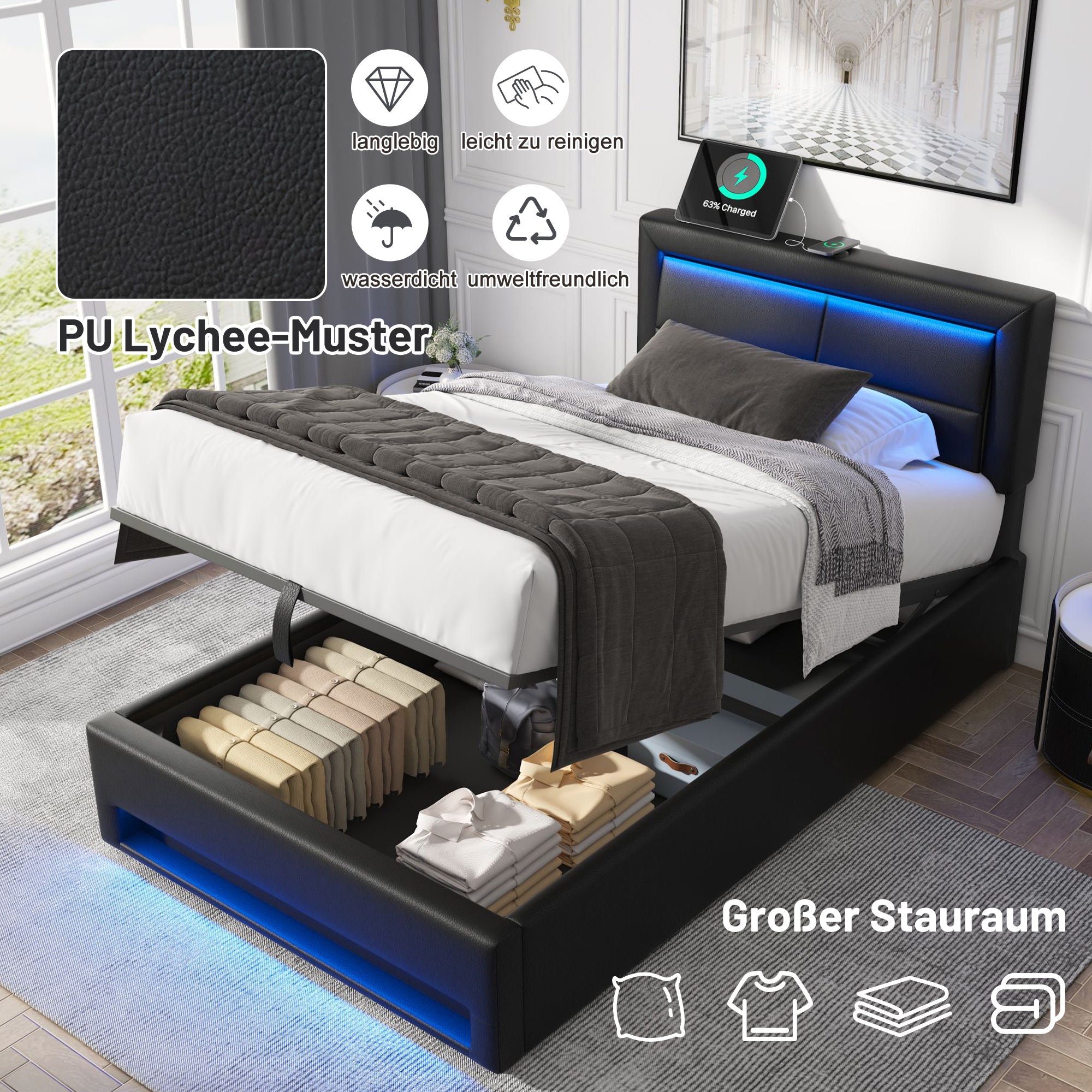Upholstered Bed 90x200cm USB Charging LED Storage - Black PU Lychee