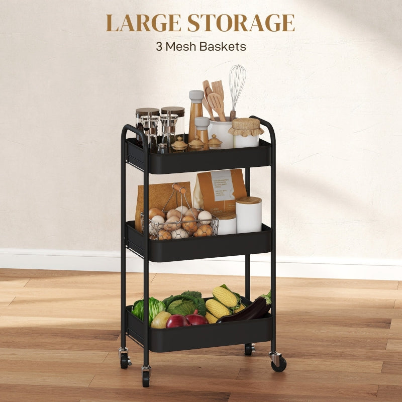 Three-Tier Storage Trolley, Steel, Black