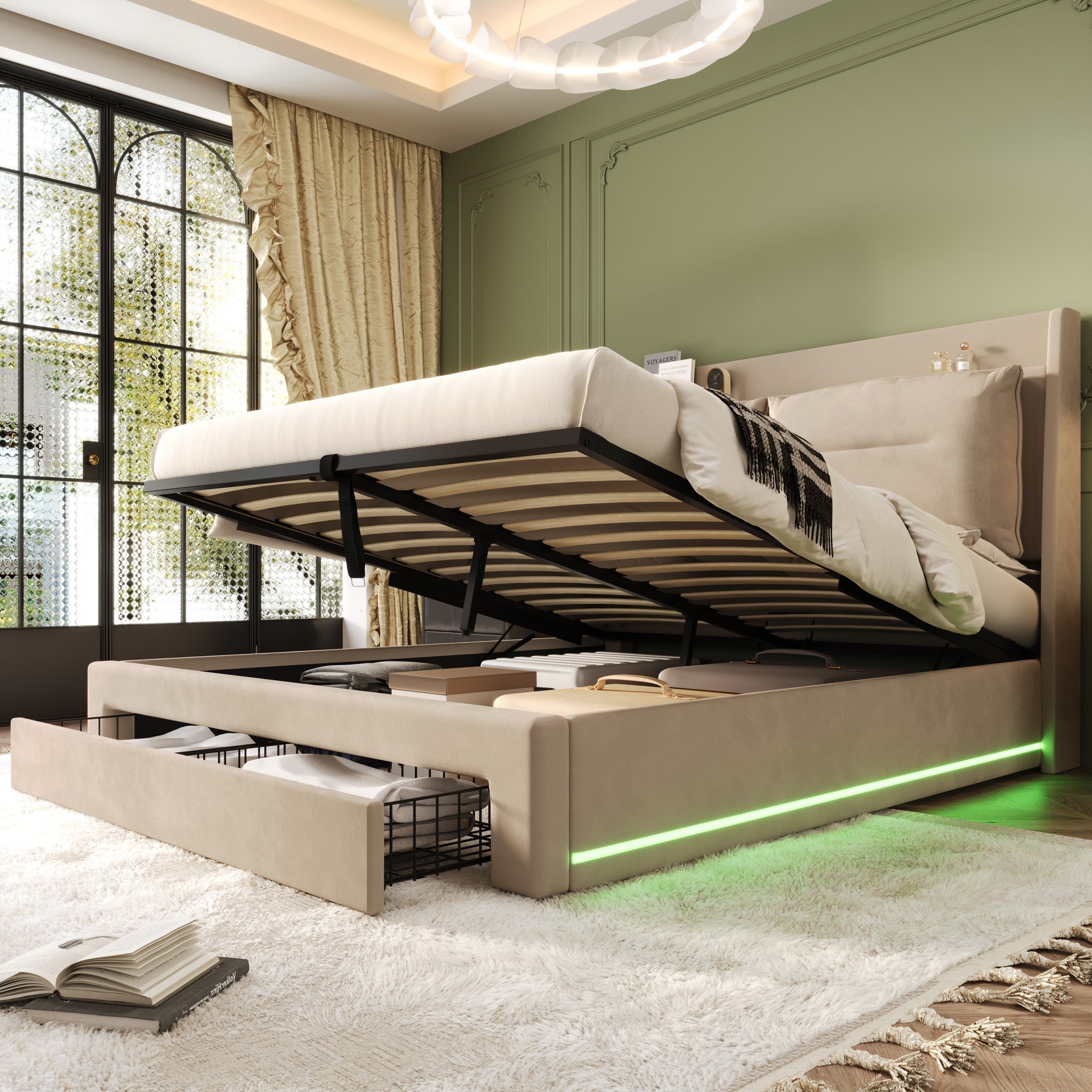 Upholstered Bed, 150x200 (5ft) King Size, Hydraulic with 2-in-1 End Storage Drawers & LED Strips, Velvet Beige
