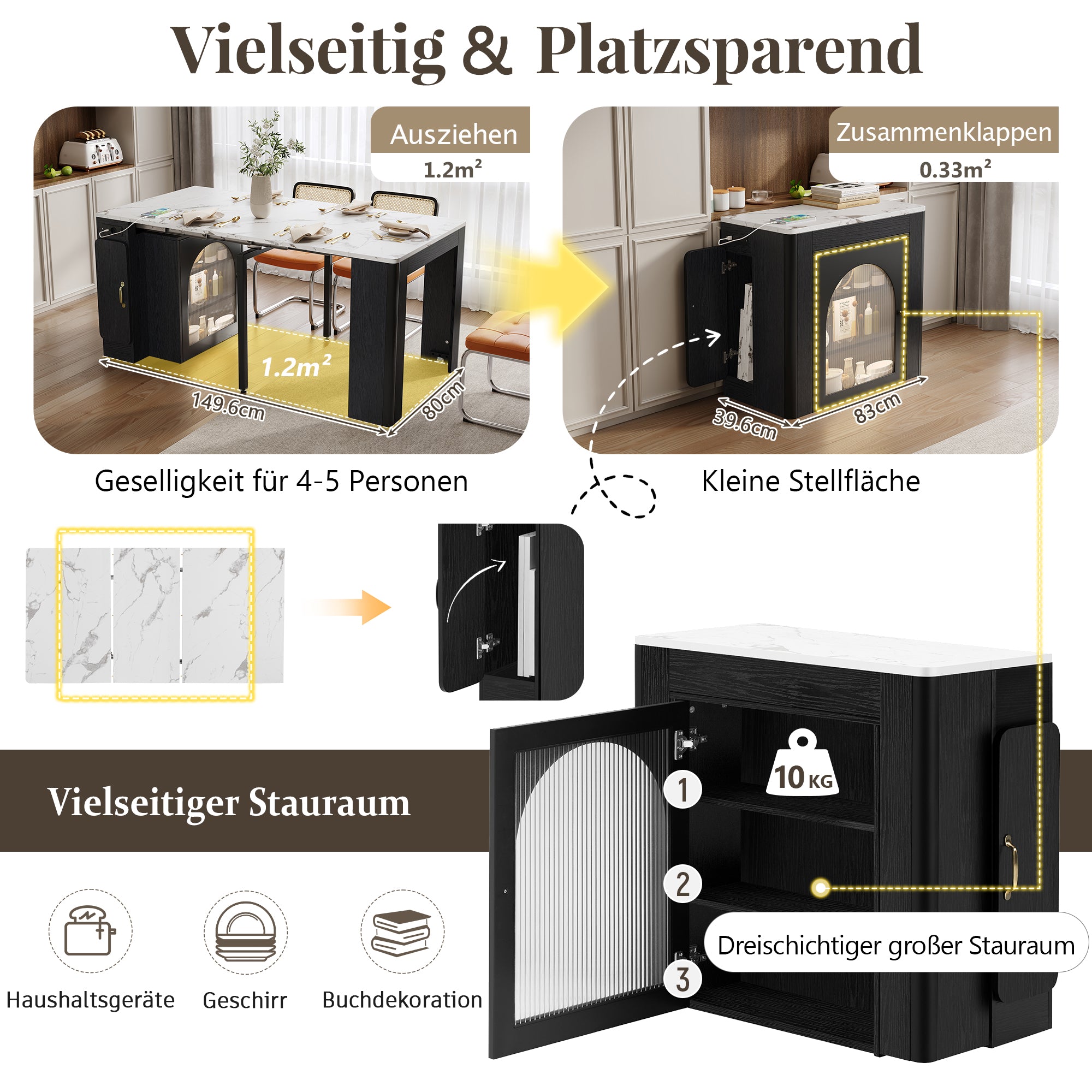 Kitchen Island, Extendable Mobile Serving Cart with Wheels, Black