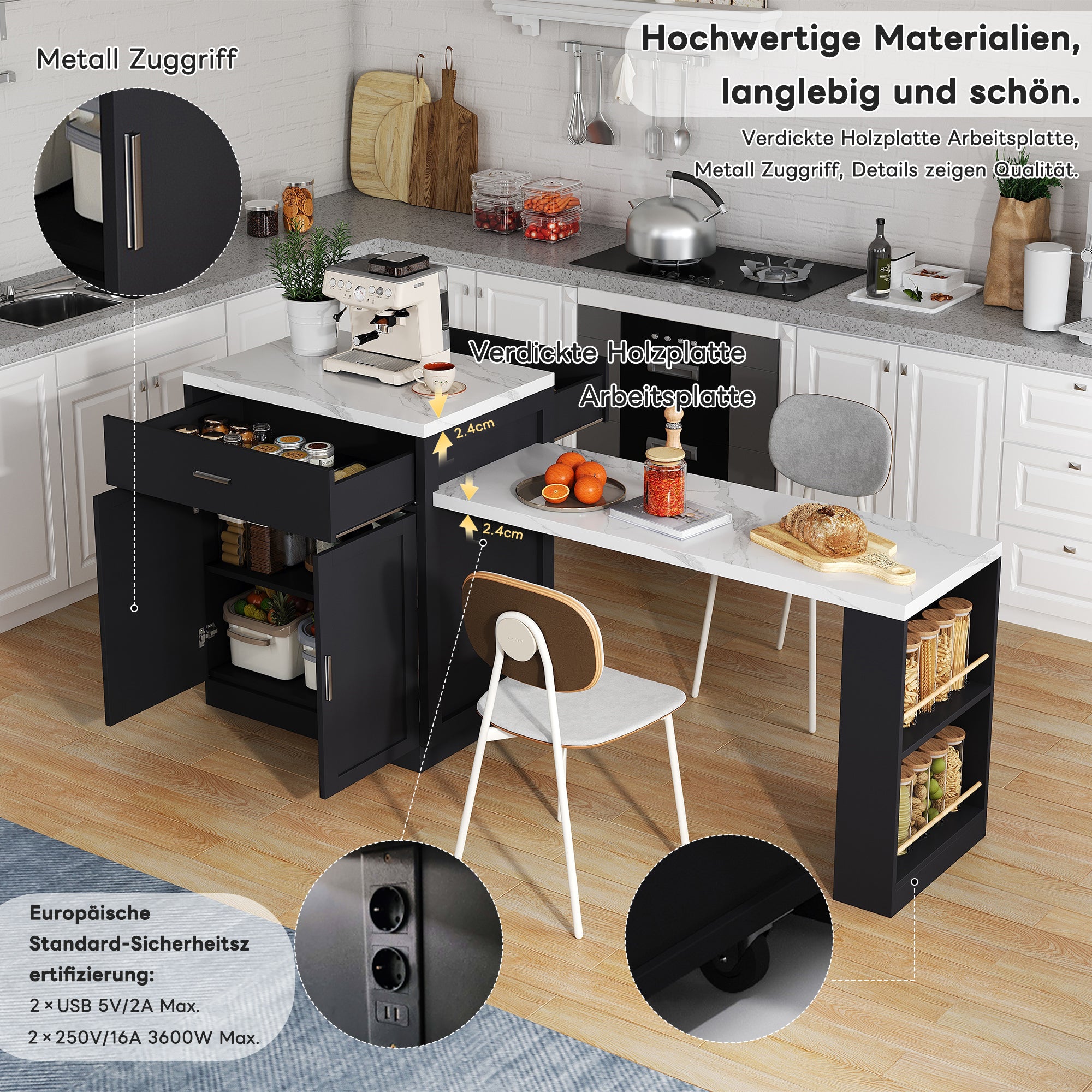 Kitchen Island with Extendable Dining Table for 4-6 People, Power Outlet and Storage Drawers, Black and White Marble Look