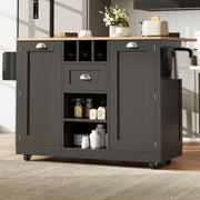 Kitchen Island Dining Trolley with Wine Rack and Casters, Black Wood Grain