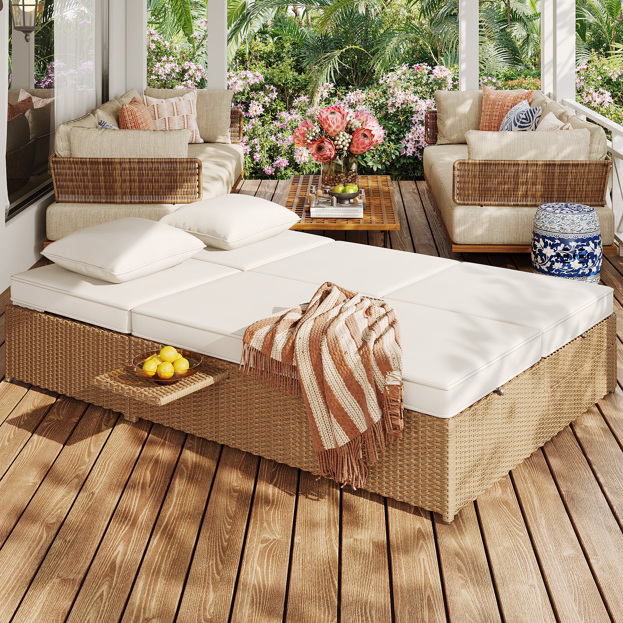 Outdoor Rattan Double Lounger - Foldable Weatherproof with Cushions - White