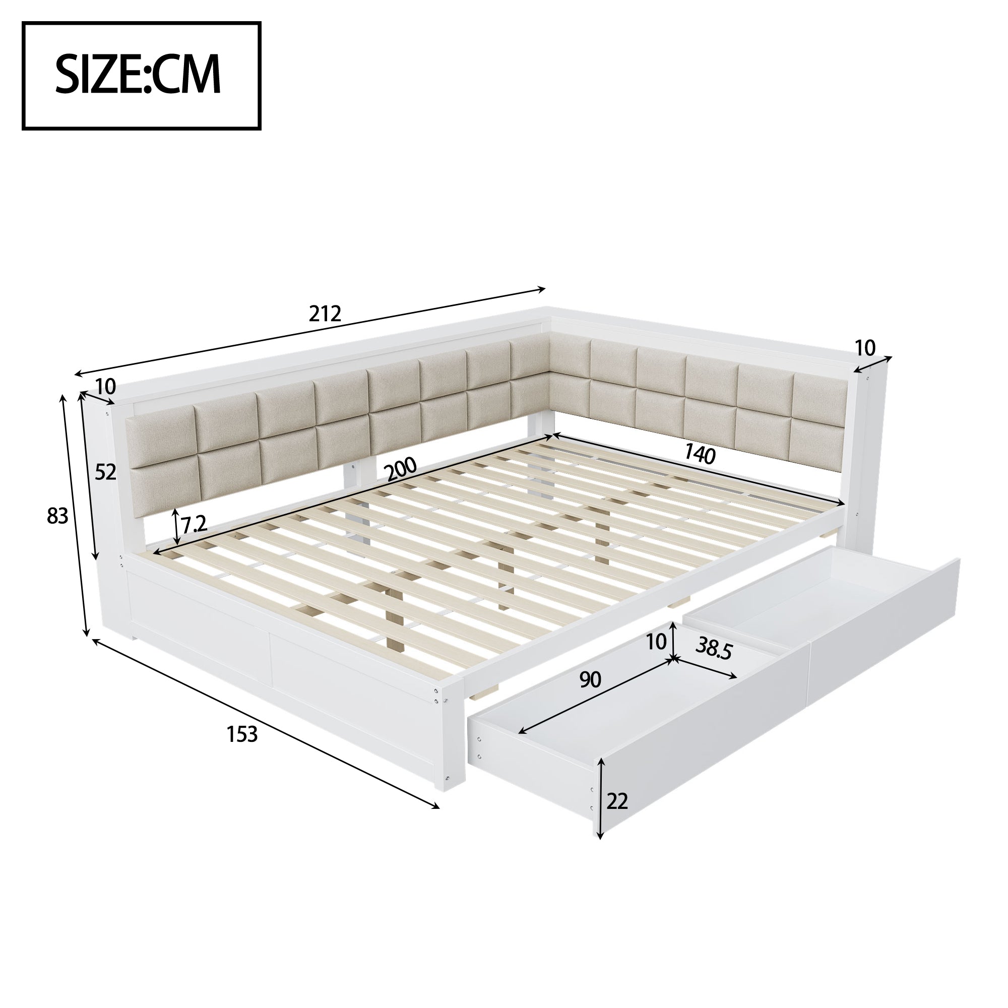 Sofa Bed, Multifunctional with Storage Drawer & Soft Backrest, Pine Wood White
