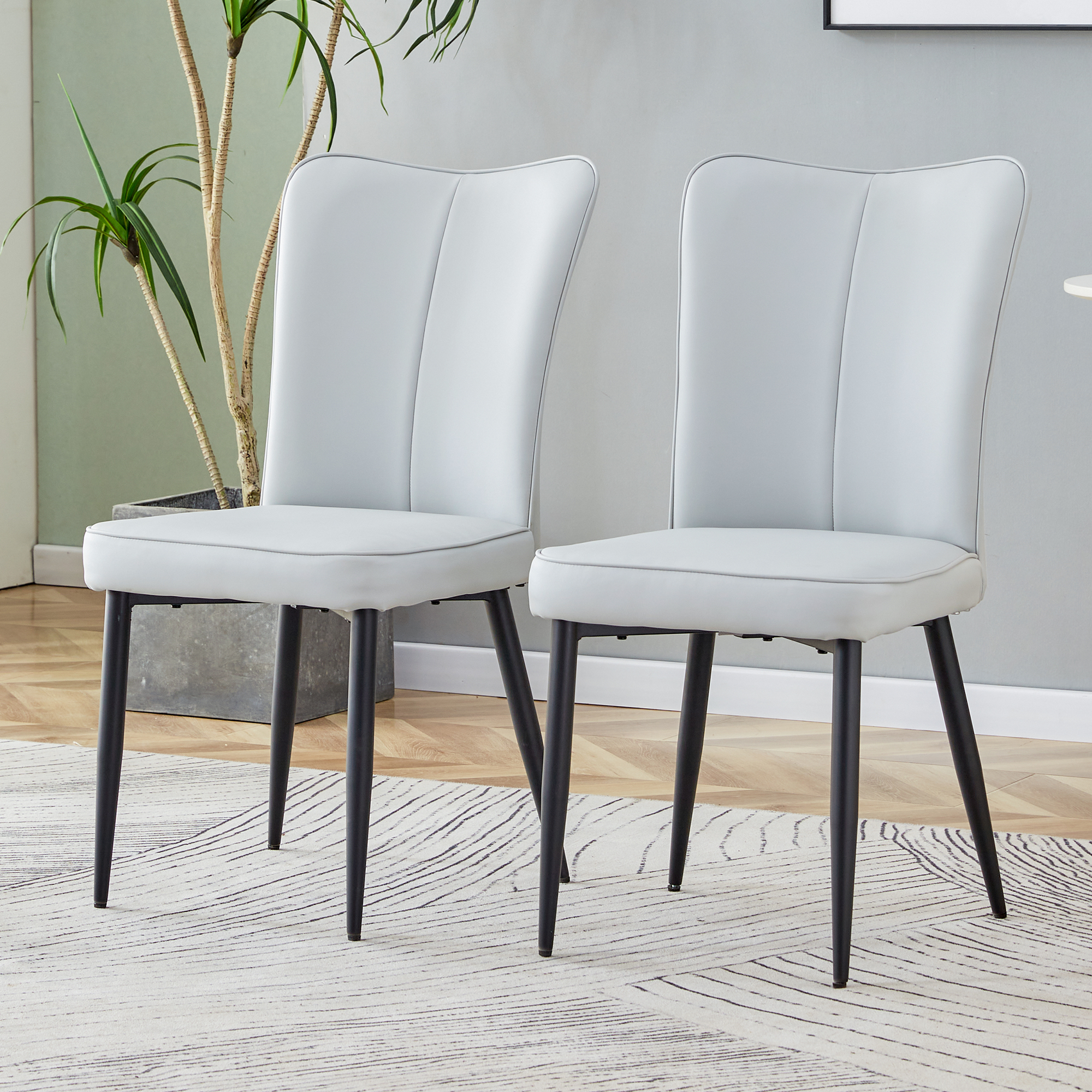 Dining Chairs, Set of 2 Modern 89cm High, Black Metal Legs, Light Grey PU