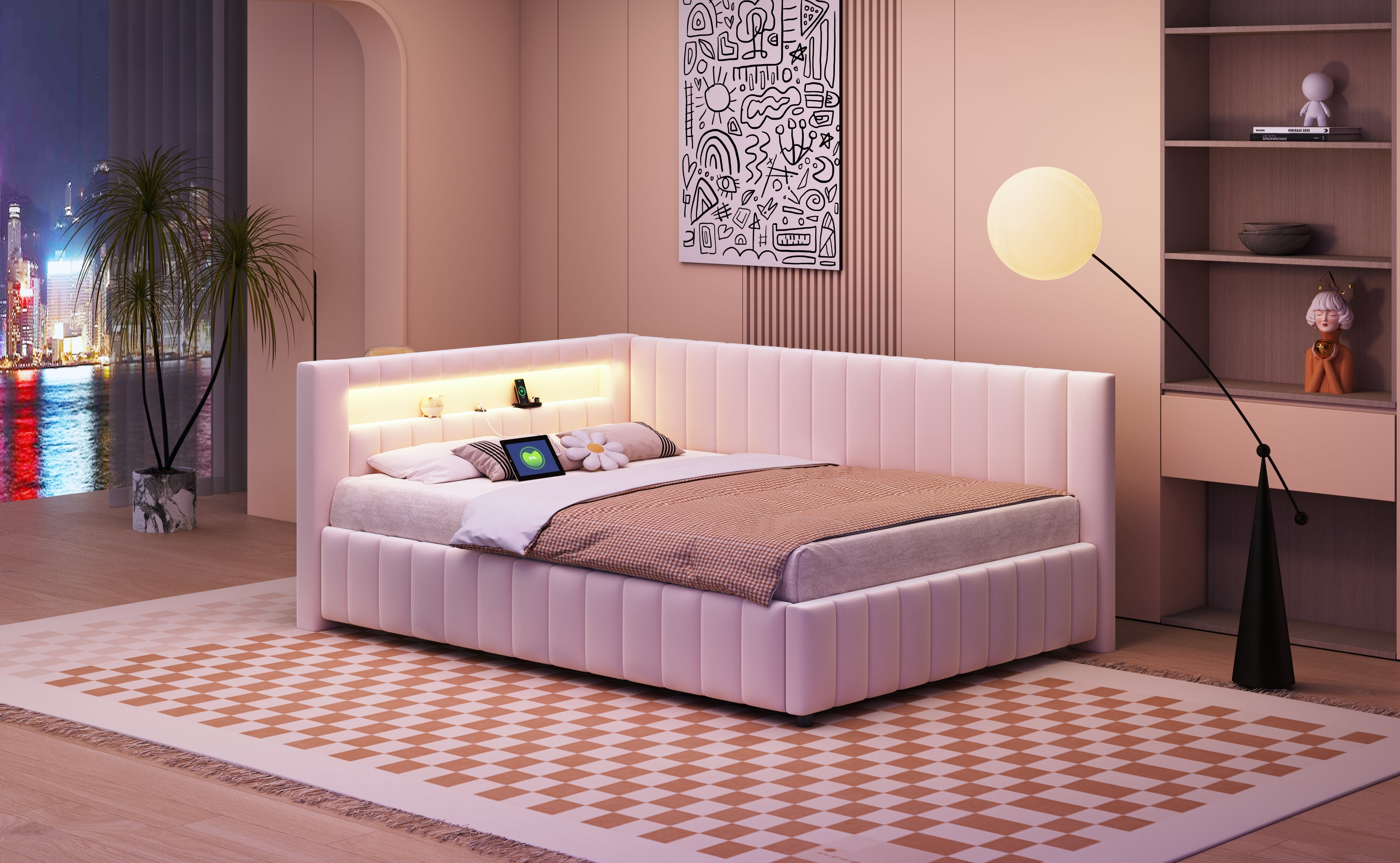 Upholstered Sofa Bed 140x200 with LED & USB Charging Port, Velvet Beige