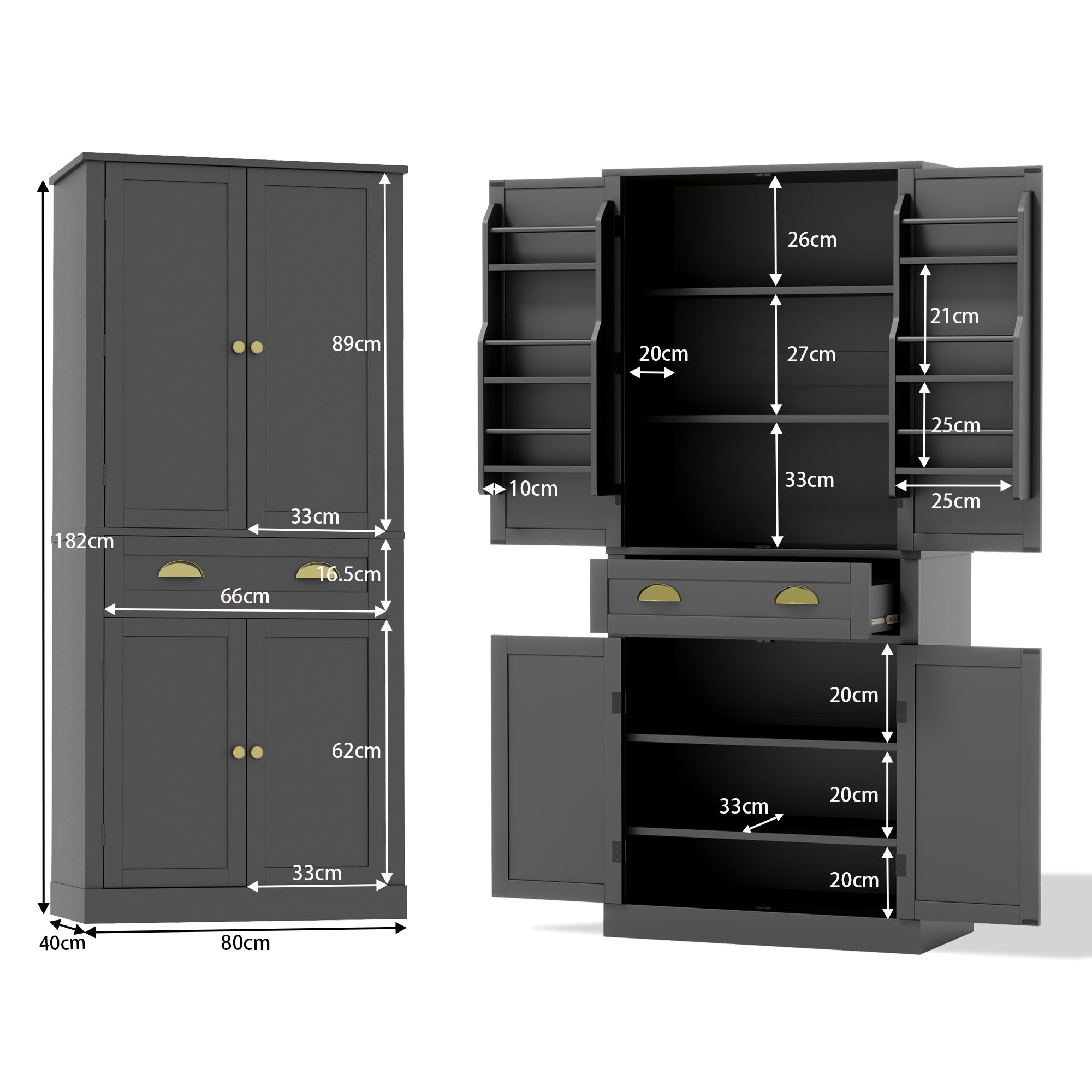 Storage Cabinet 182cm 4 Doors 1 Drawer Adjustable Shelves - Black