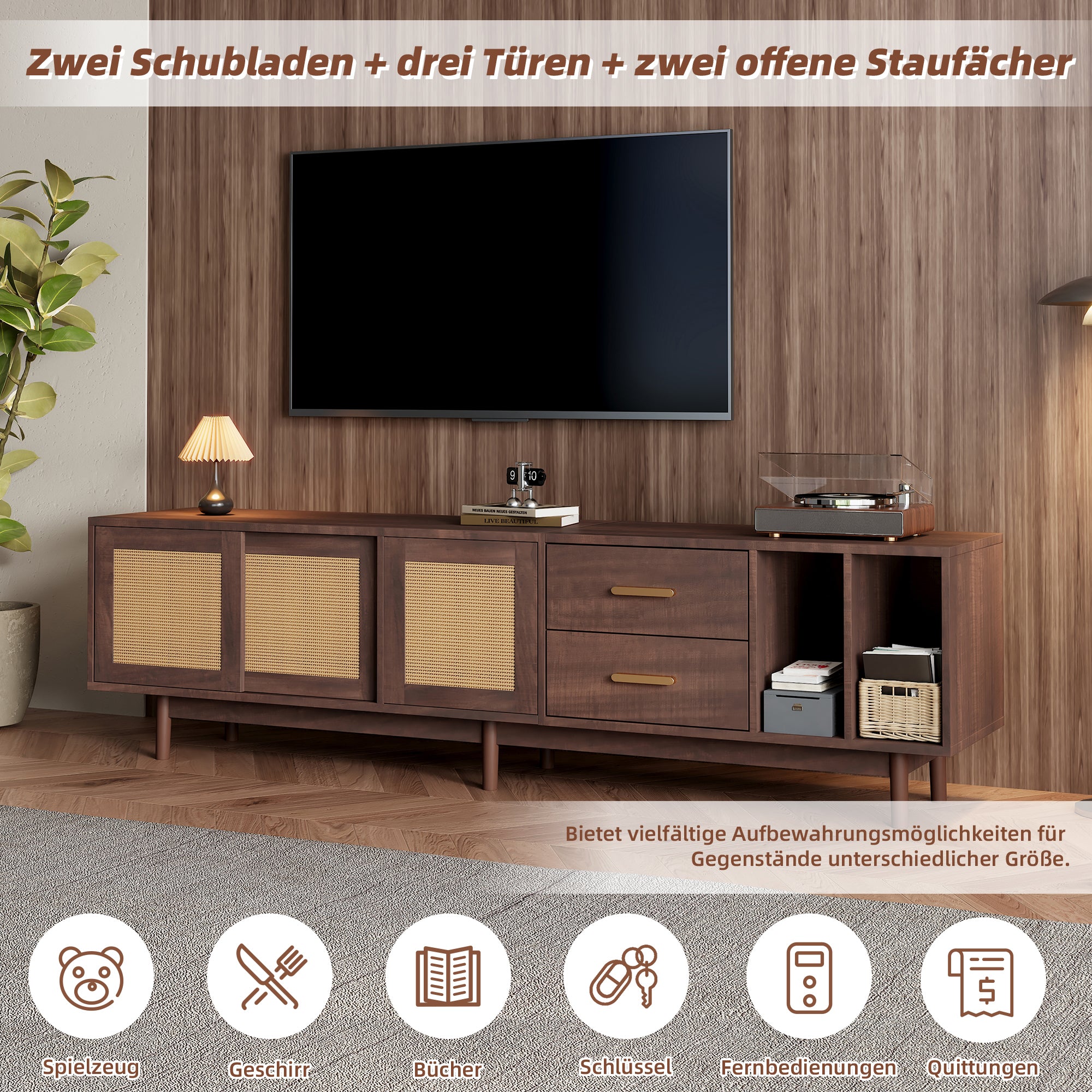 TV Cabinet, 190x40x52cm Lowboard with Drawers, Rattan MDF, Brown