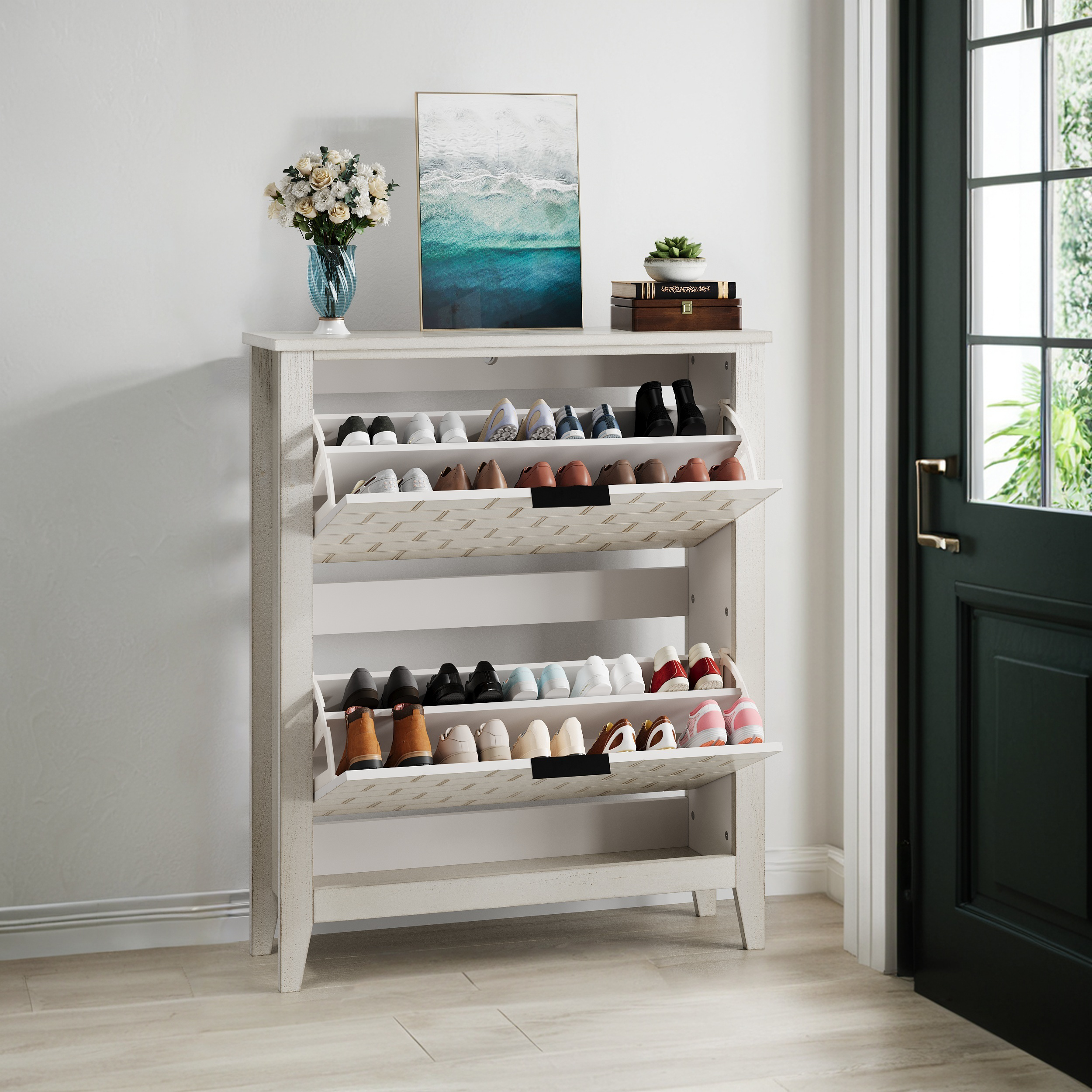 Vintage shoe cabinet, 80 cm, 2 folding drawers, white