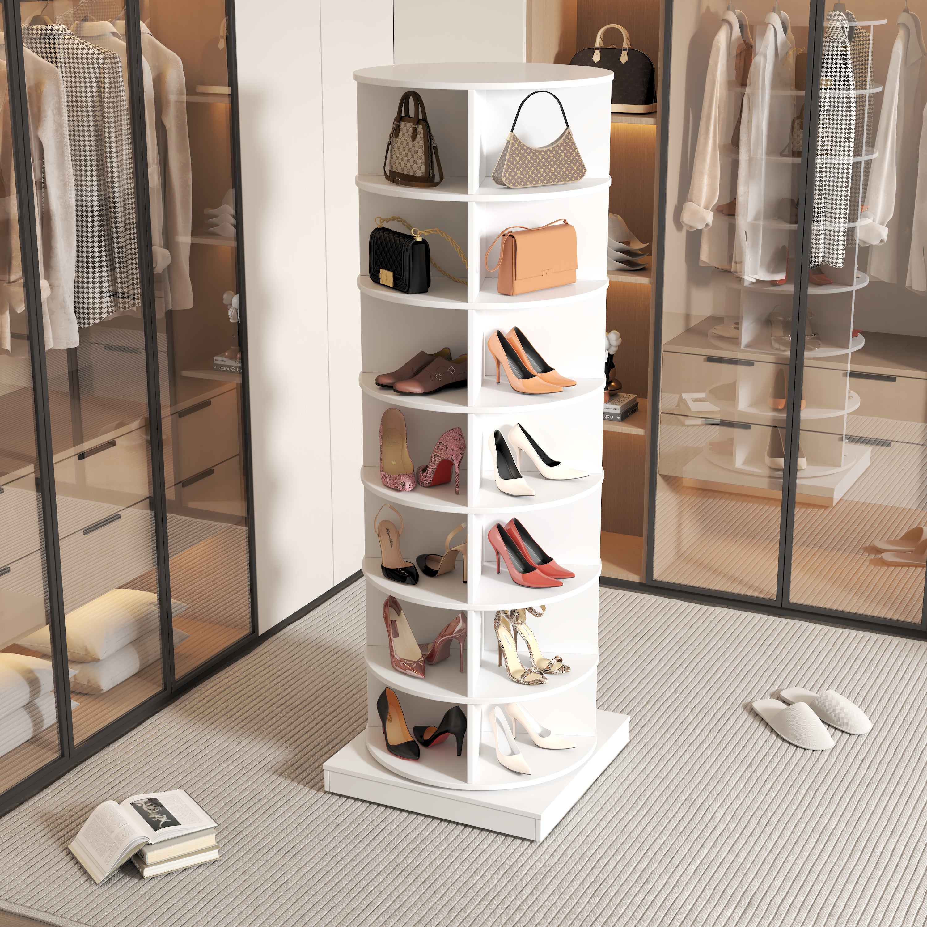 360° Rotating Shoe Cabinet, 7 Shelves, Holds up to 28 Shoes, White