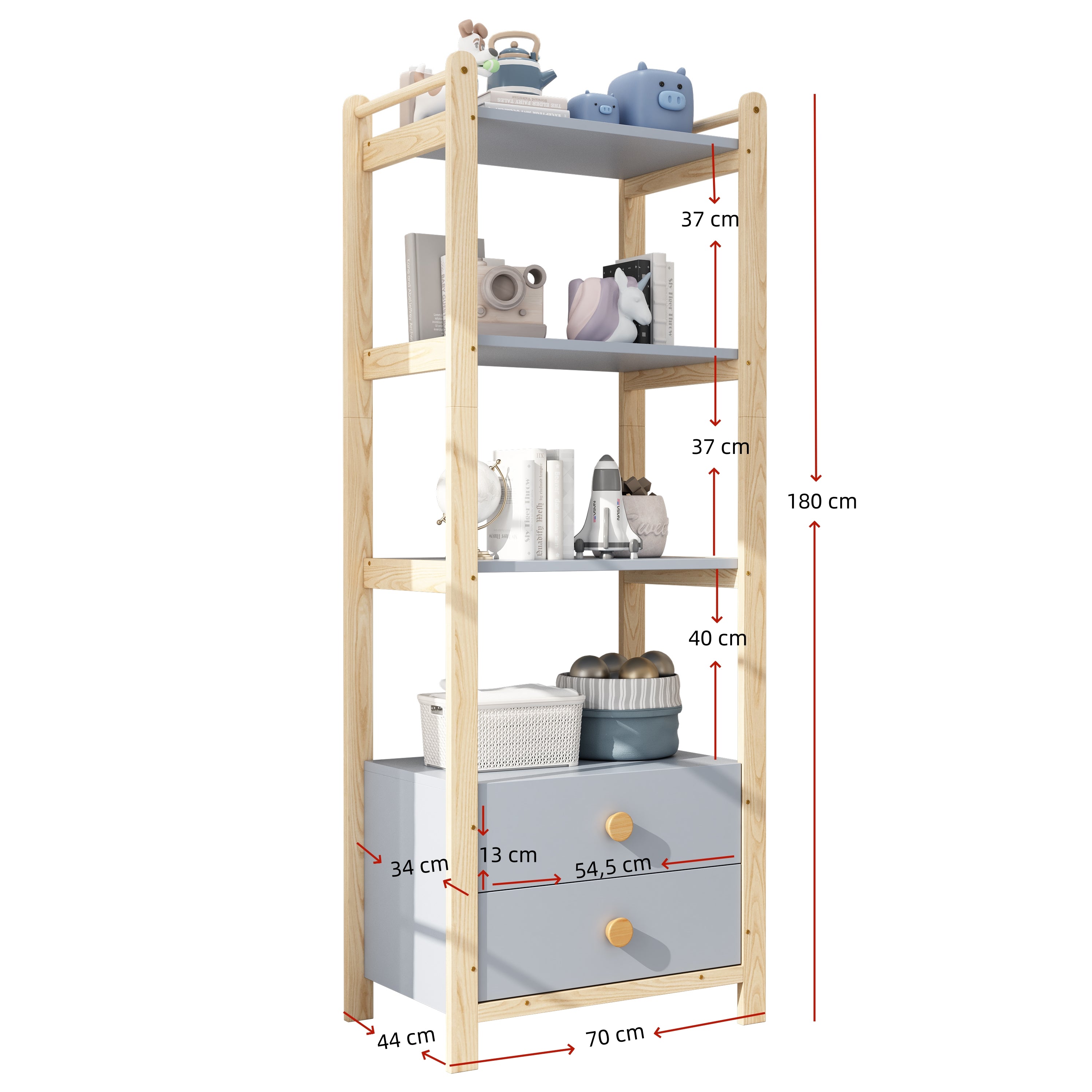 Freestanding Shelf Unit, 2 Drawers 4 Shelves 70x44x180cm, Blue and Natural Wood Pine Frame