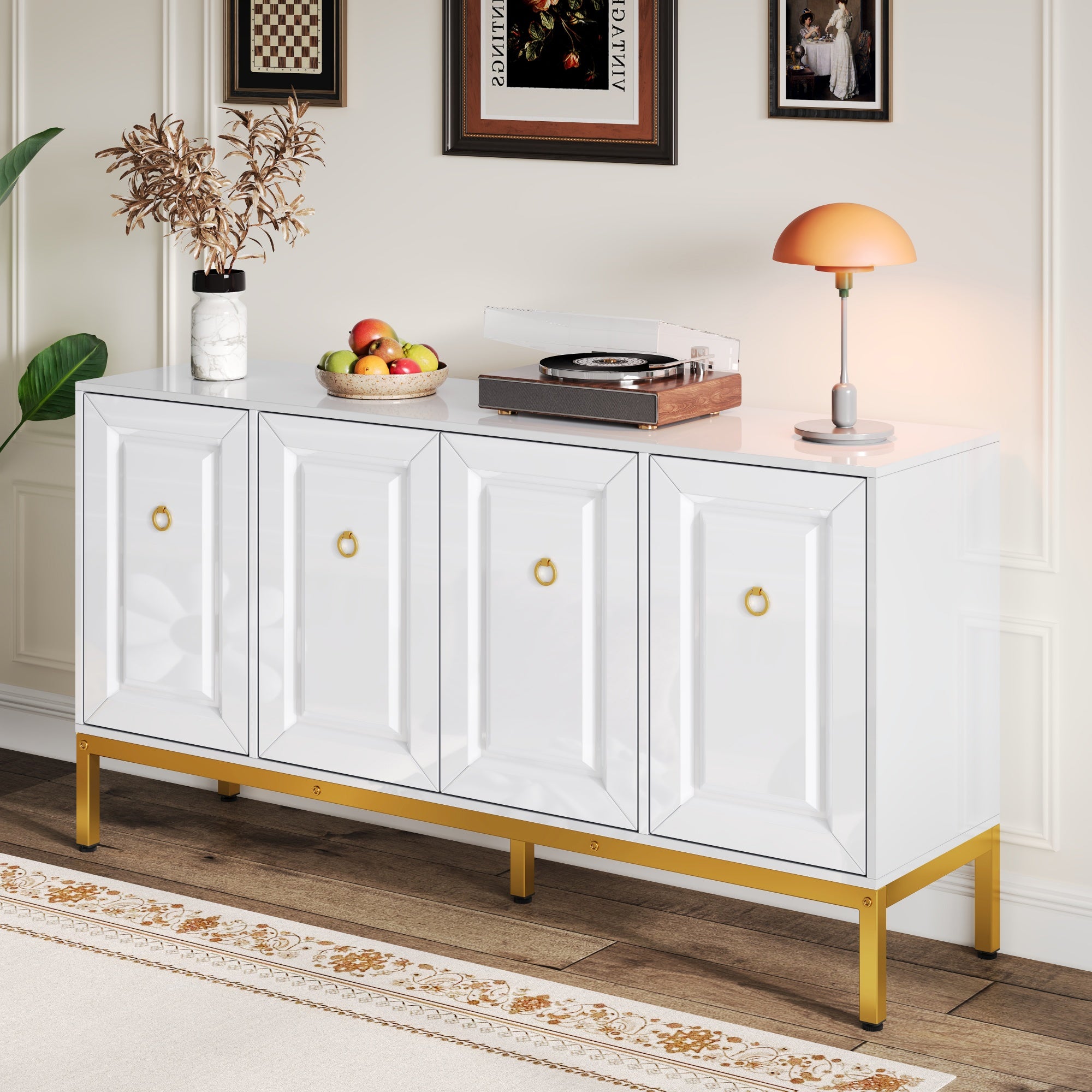 Sideboard, High-Gloss Storage Unit with Shelves, Gold Handles and Legs, White
