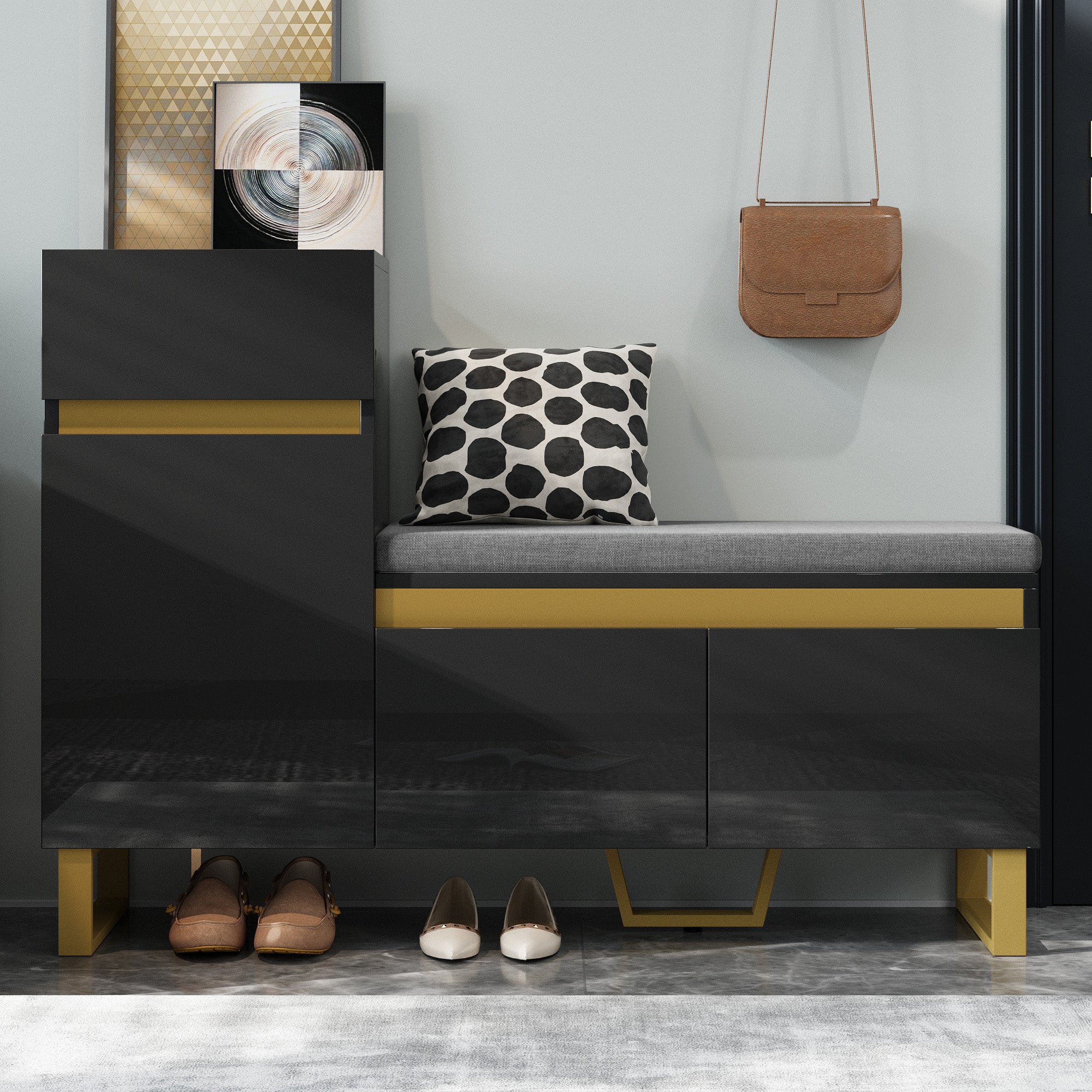 Shoe Cabinet, Large Capacity Multi-Tier Storage with Drawers and Doors, Black MDF