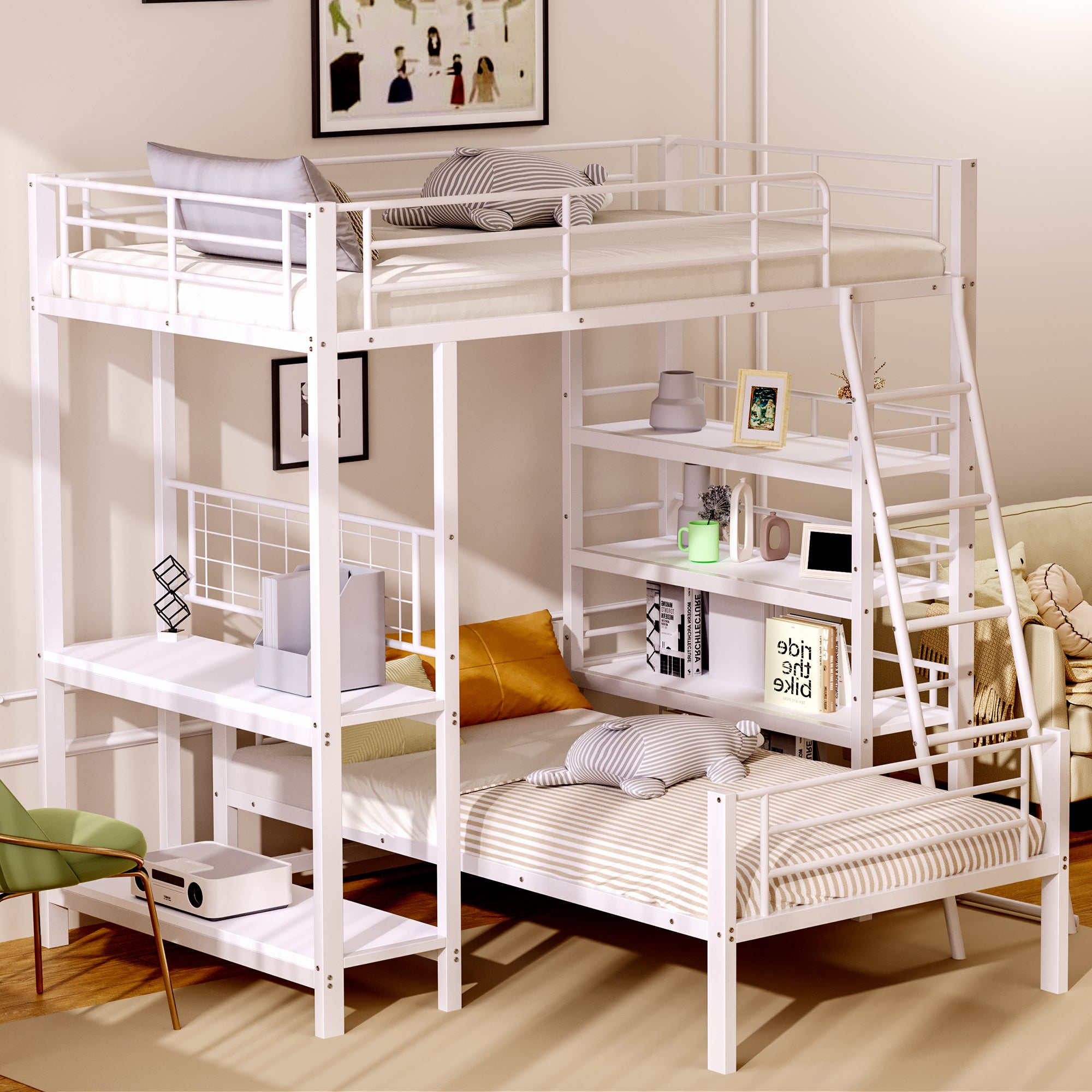 Bunk Bed, Metal Frame Loft with Storage, White