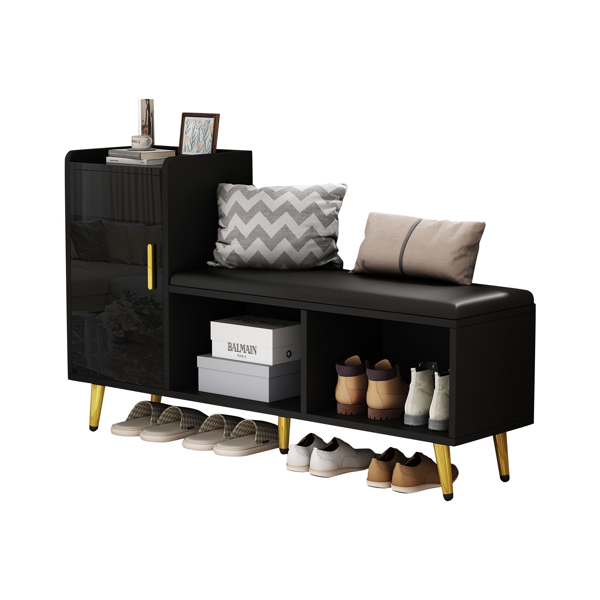 Shoe Cabinet, Multi-tiered Storage with Padded Seat & Gold Accessories, Black High Gloss