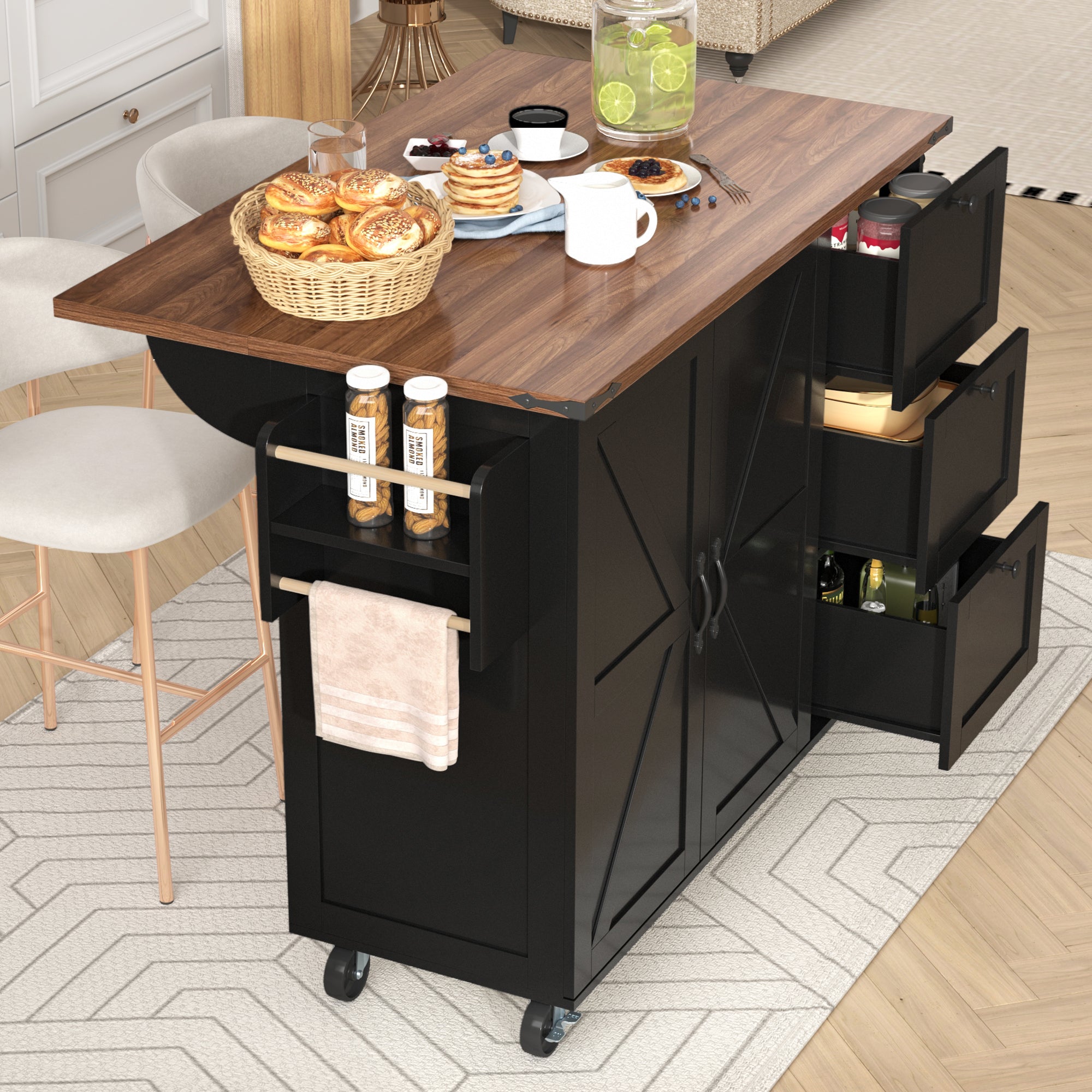 Kitchen Island Trolley with Pull-out Worktop, 2 Doors, 3 Drawers, Wood Grain Black
