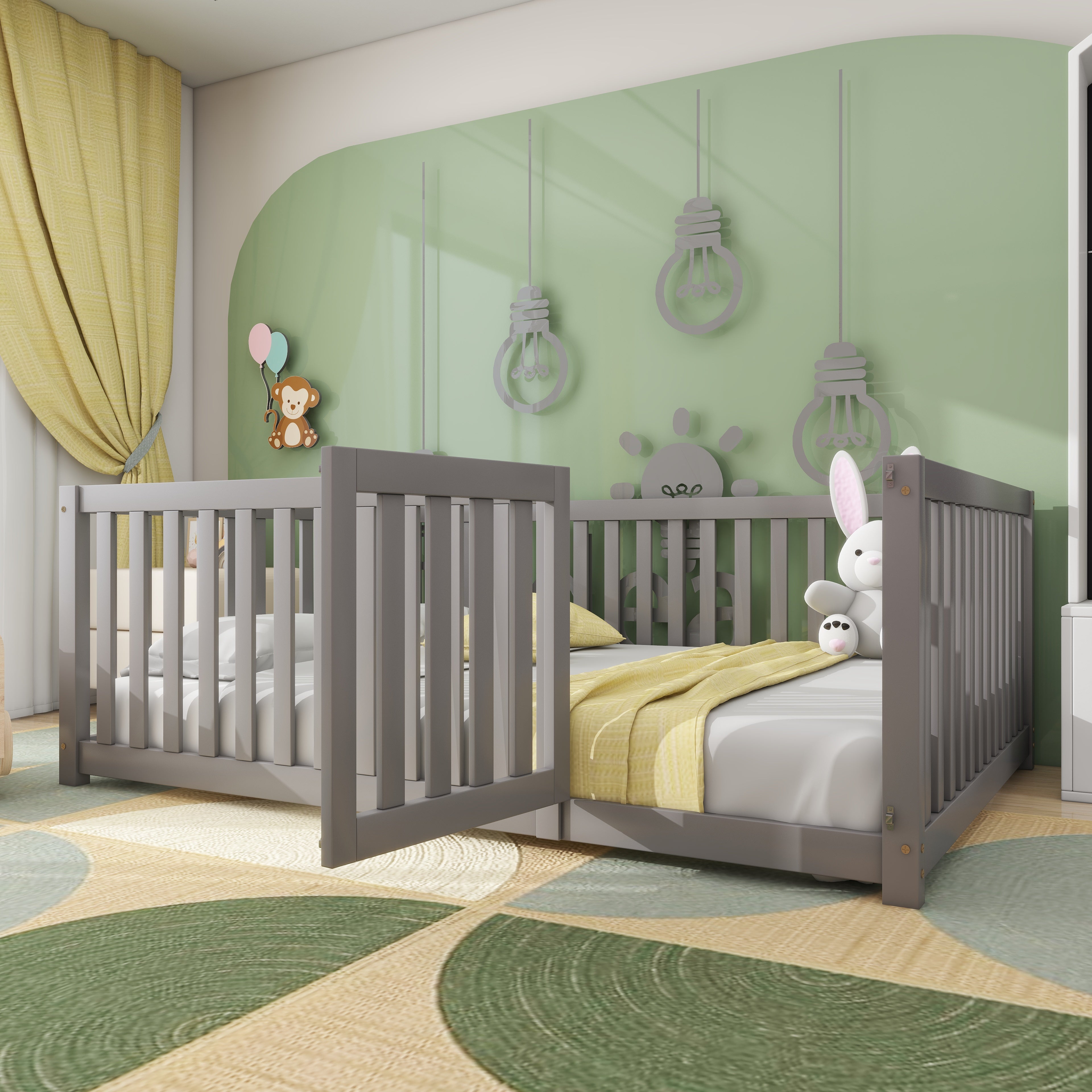 Children's bed 140 x 200, wooden floor bed frame with fence and door, grey