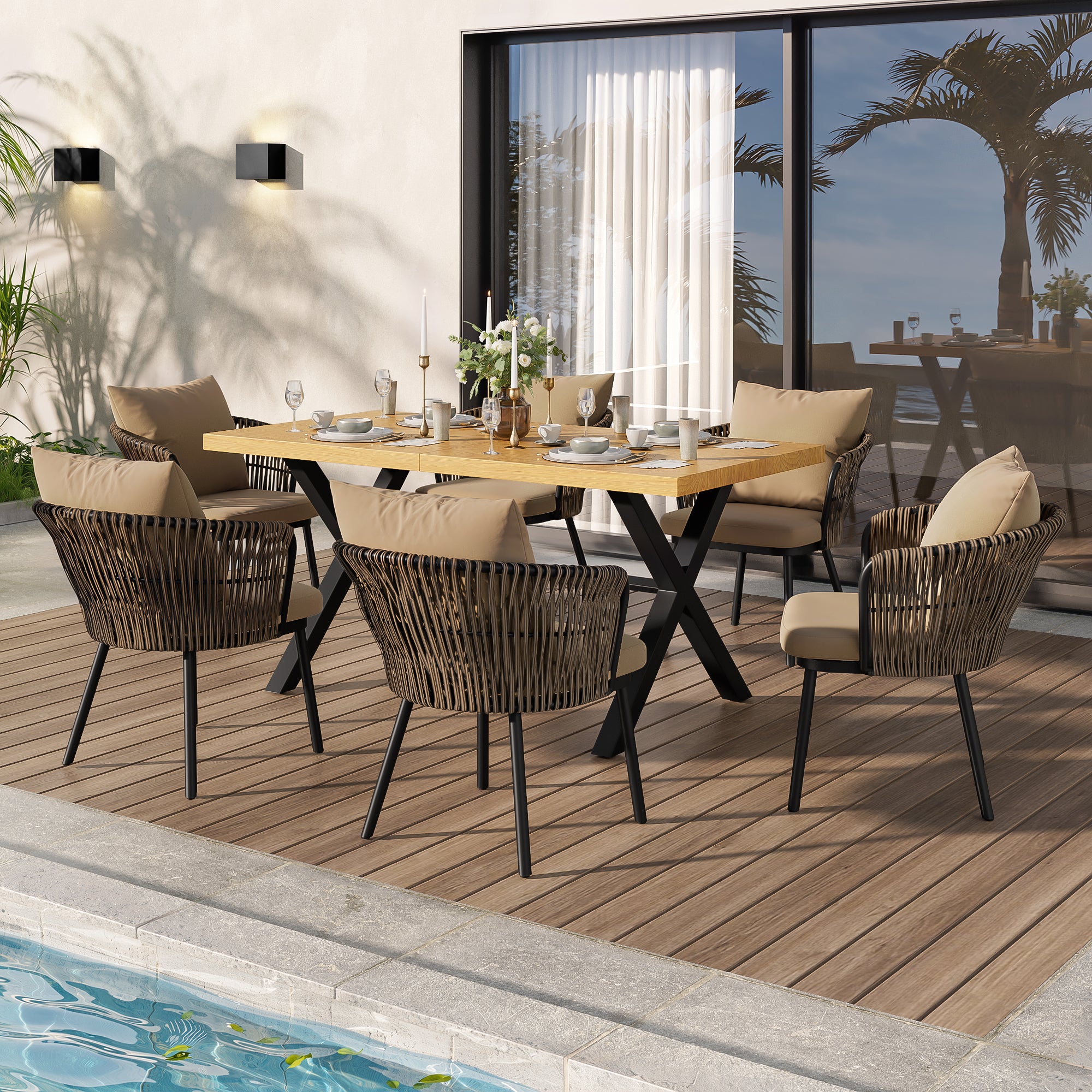 Modern Outdoor Dining Set with Seat Cushions, Rattan and Iron Frame