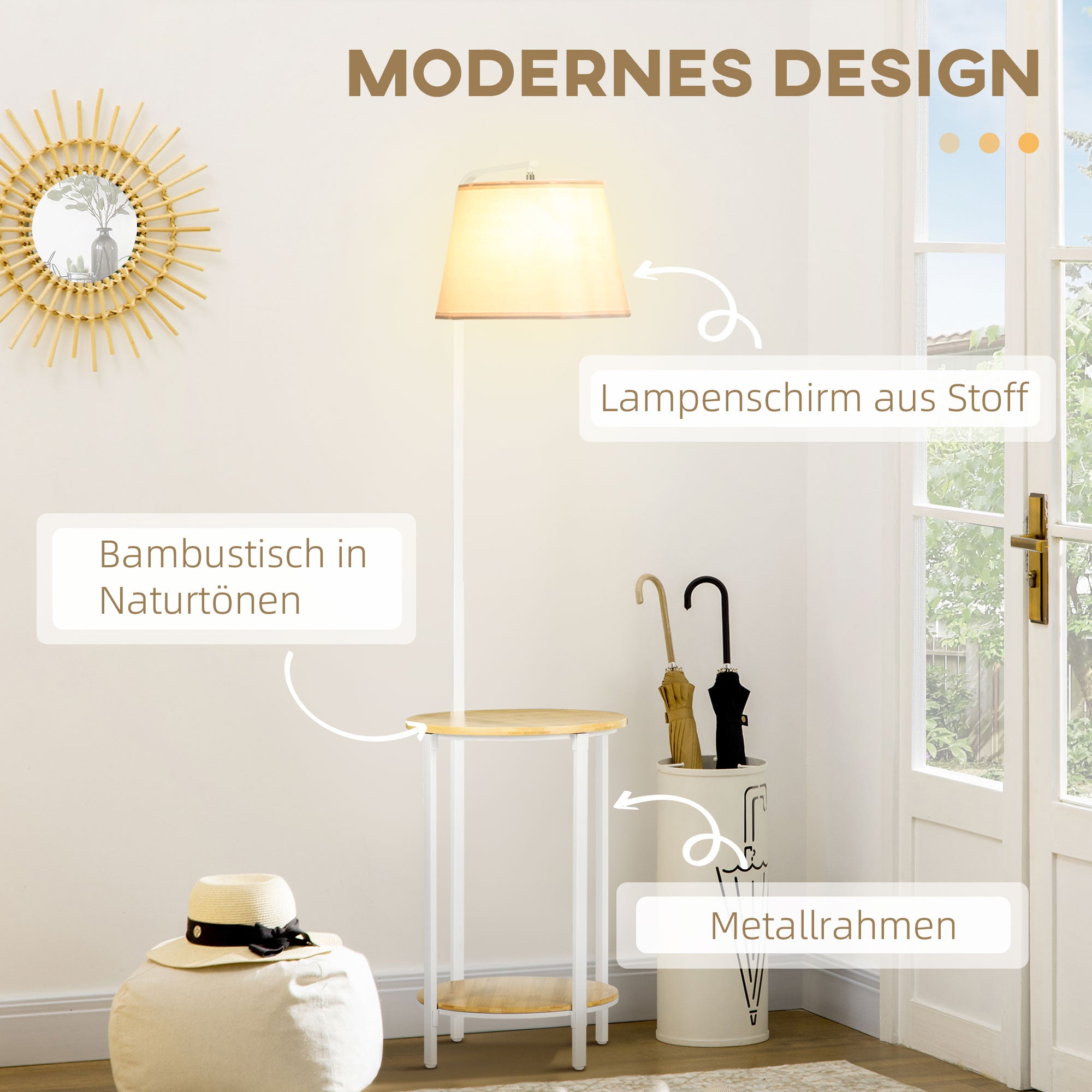 Floor Lamp 162cm Standing with 2 Shelves Linen Lampshade, White Metal