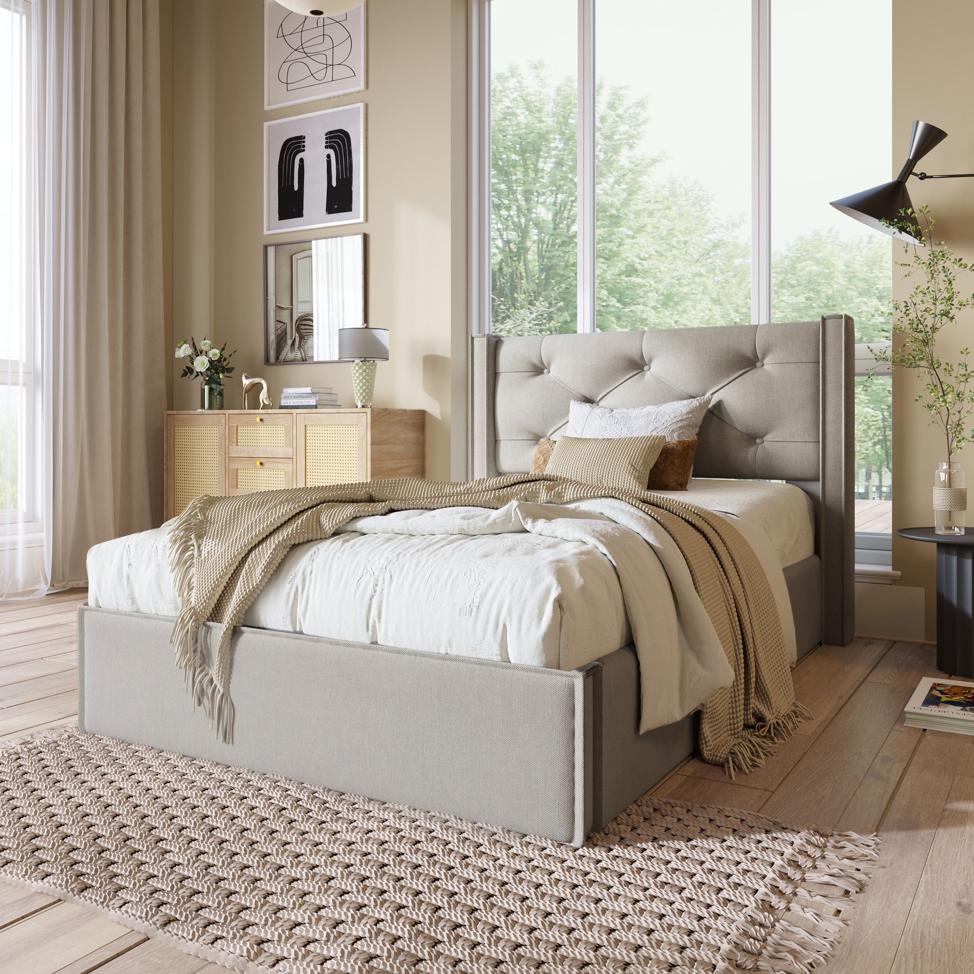 Hydraulic Upholstered Bed, Single 90x200cm with Storage, Light Grey Cotton