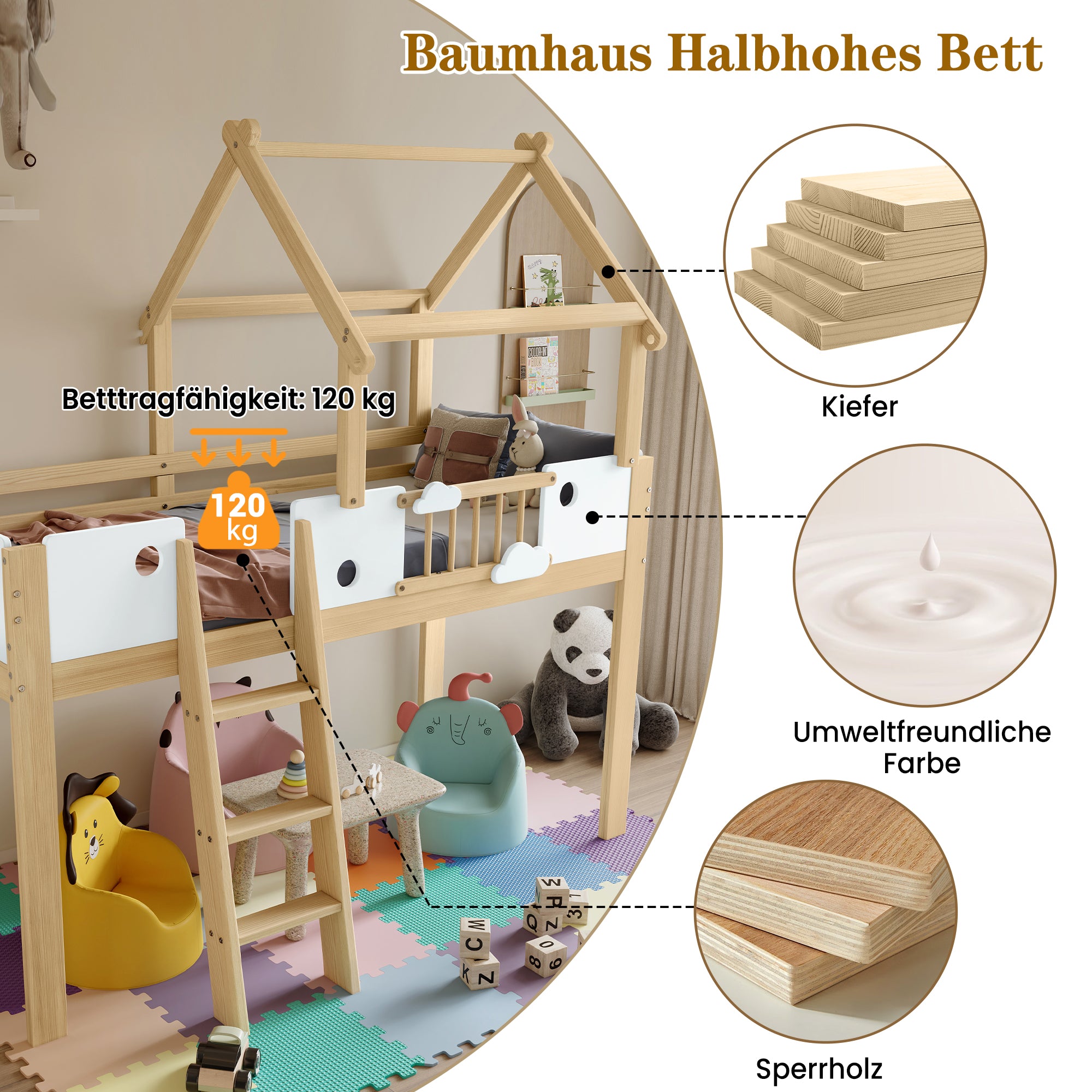 Loft Bed, Children's with Fall Protection & Rails, Roof Design, 3-Step Ladder, Pine+MDF+Plywood, White+Natural