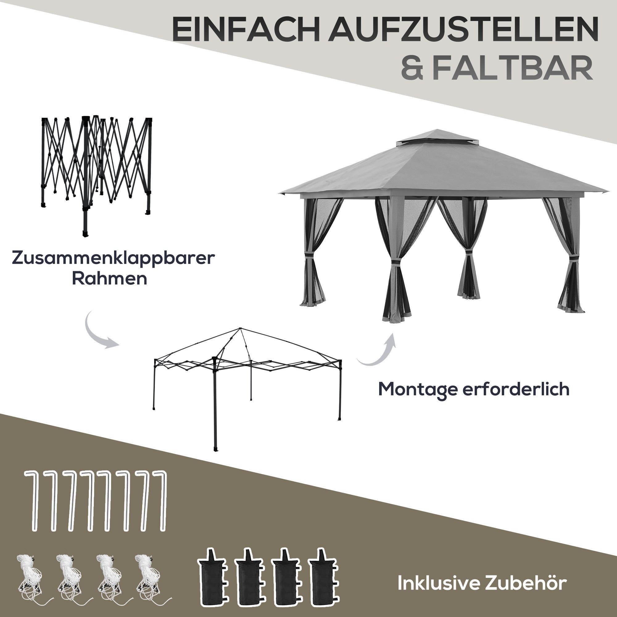 Folding Pavilion 4x4m Pop-Up Double Roof UV Protection Mesh Walls Dark Grey
