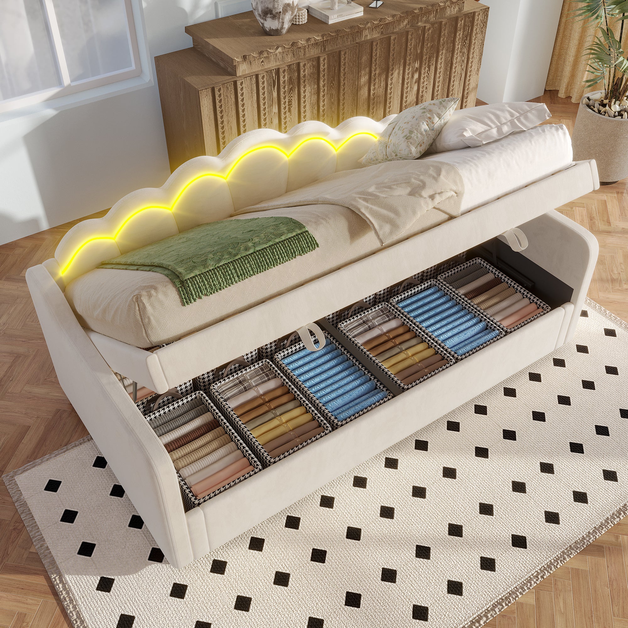 Daybed Sofa Bed 90x200cm Hydraulic Storage LED - Velvet Beige