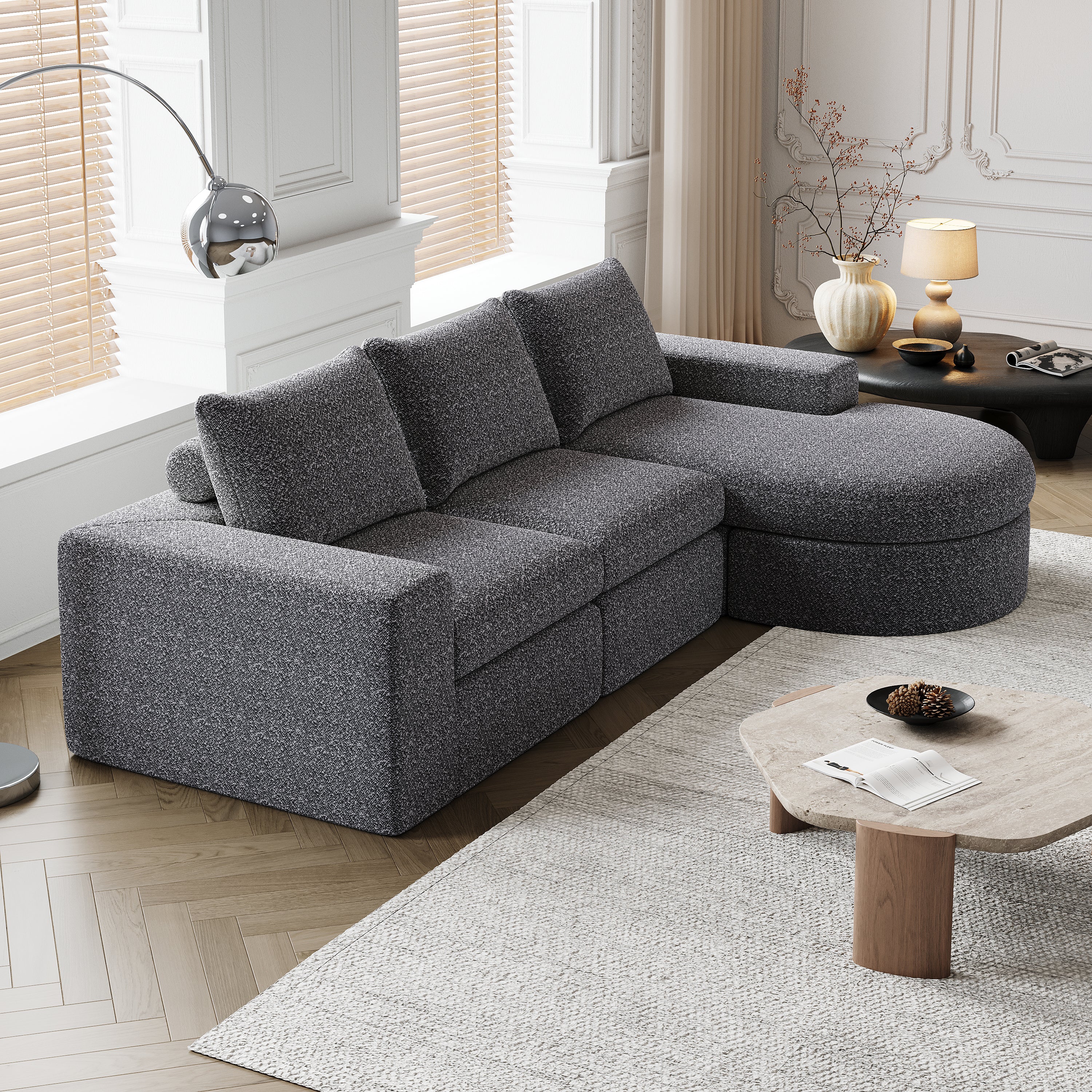 Chenille Sofa, Curved Modular L-Lounger, Foam Compressed