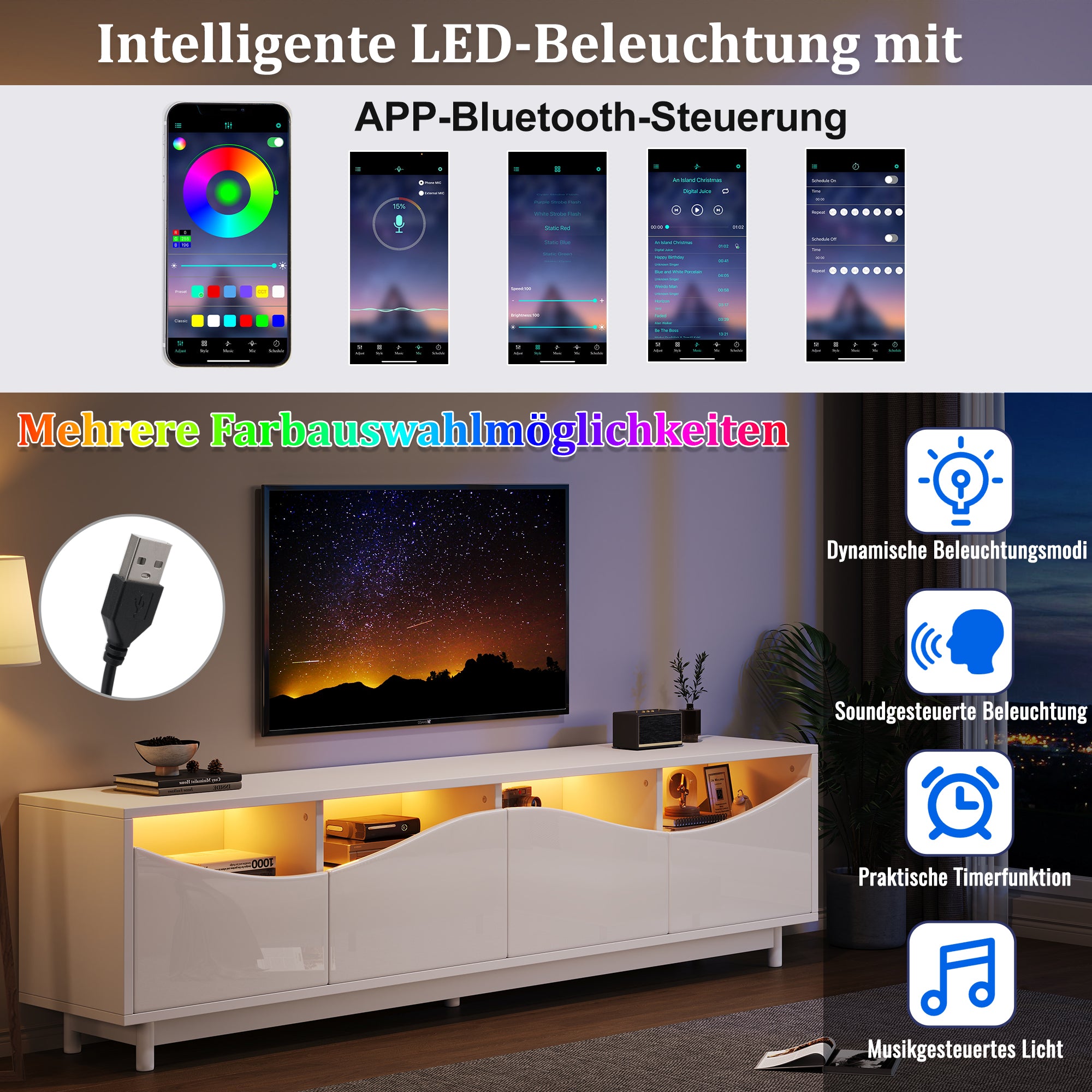 TV Cabinet, Curved High-Gloss with Tempered Glass Door & LED Lighting, White