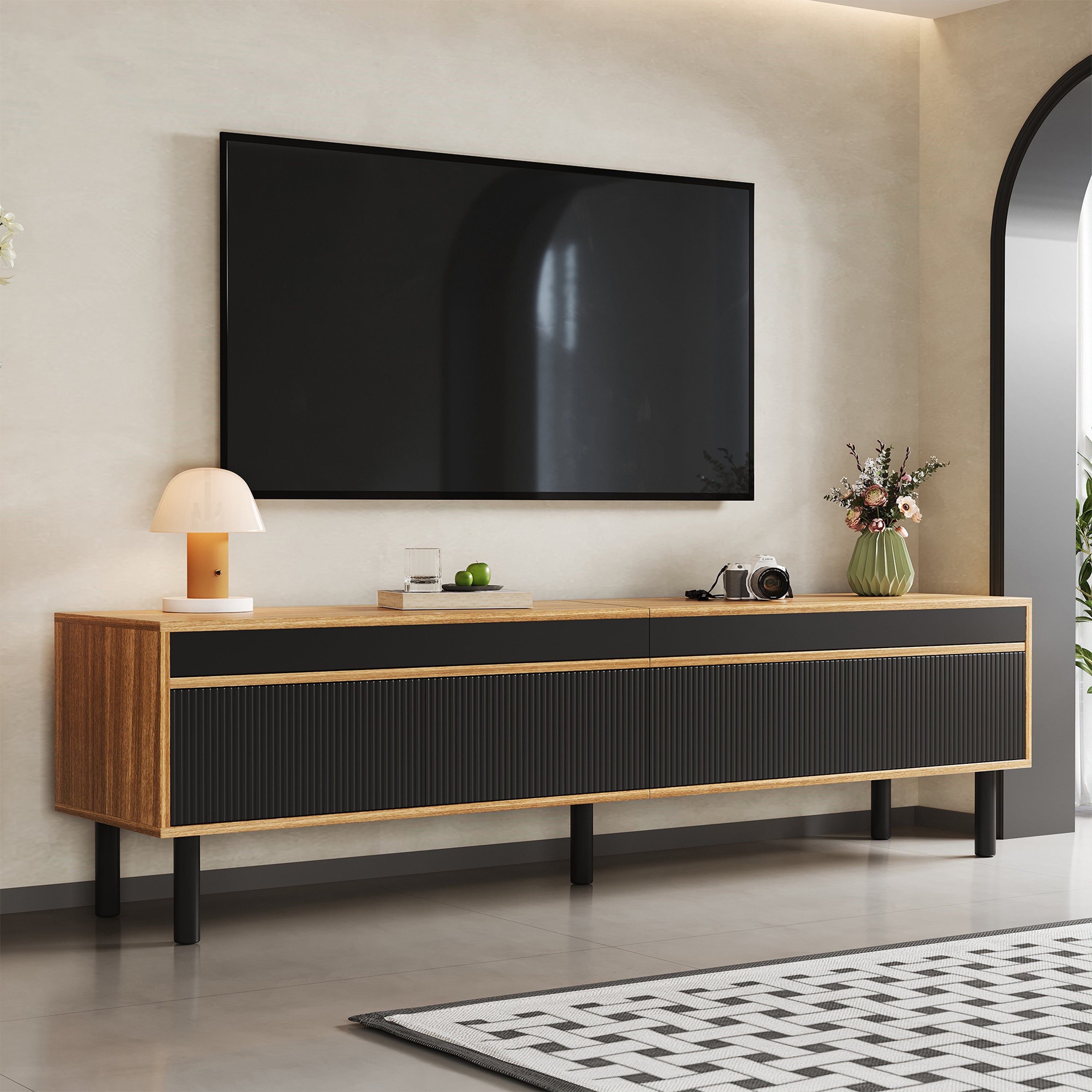 TV Cabinet, Low with Four Doors, Black and Wood