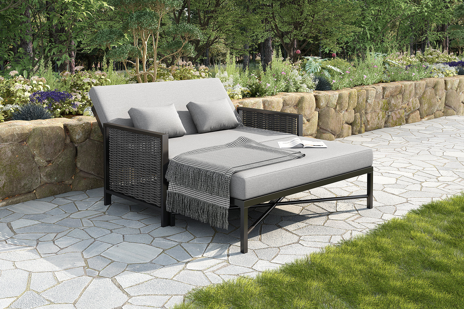 Outdoor Lounger Garden Sofa for 2 People with Adjustable Backrest and Retractable Footrest, Grey