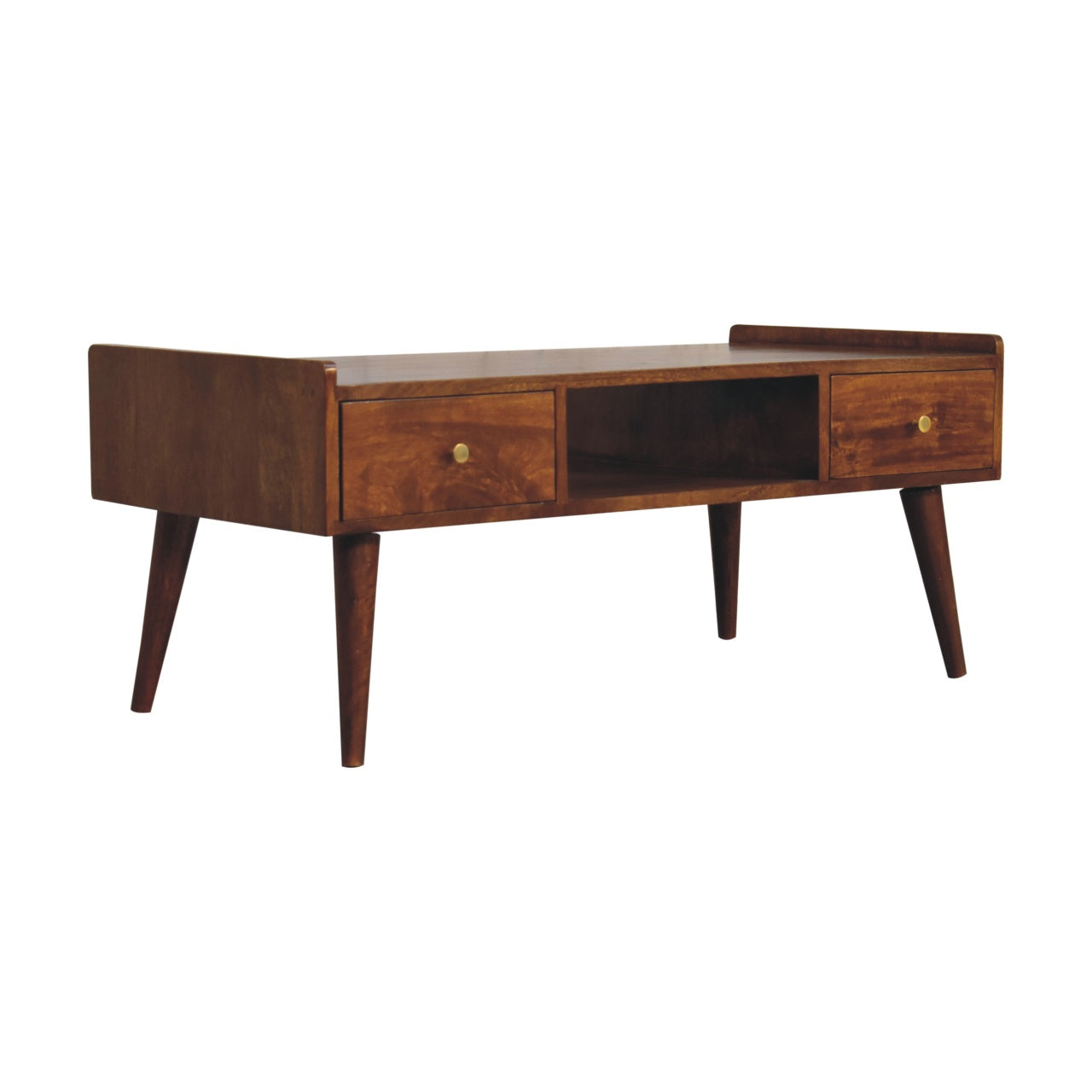 Media Unit, Elevated with 4 Drawers and Open Slot, Solid Wood Dark Brown