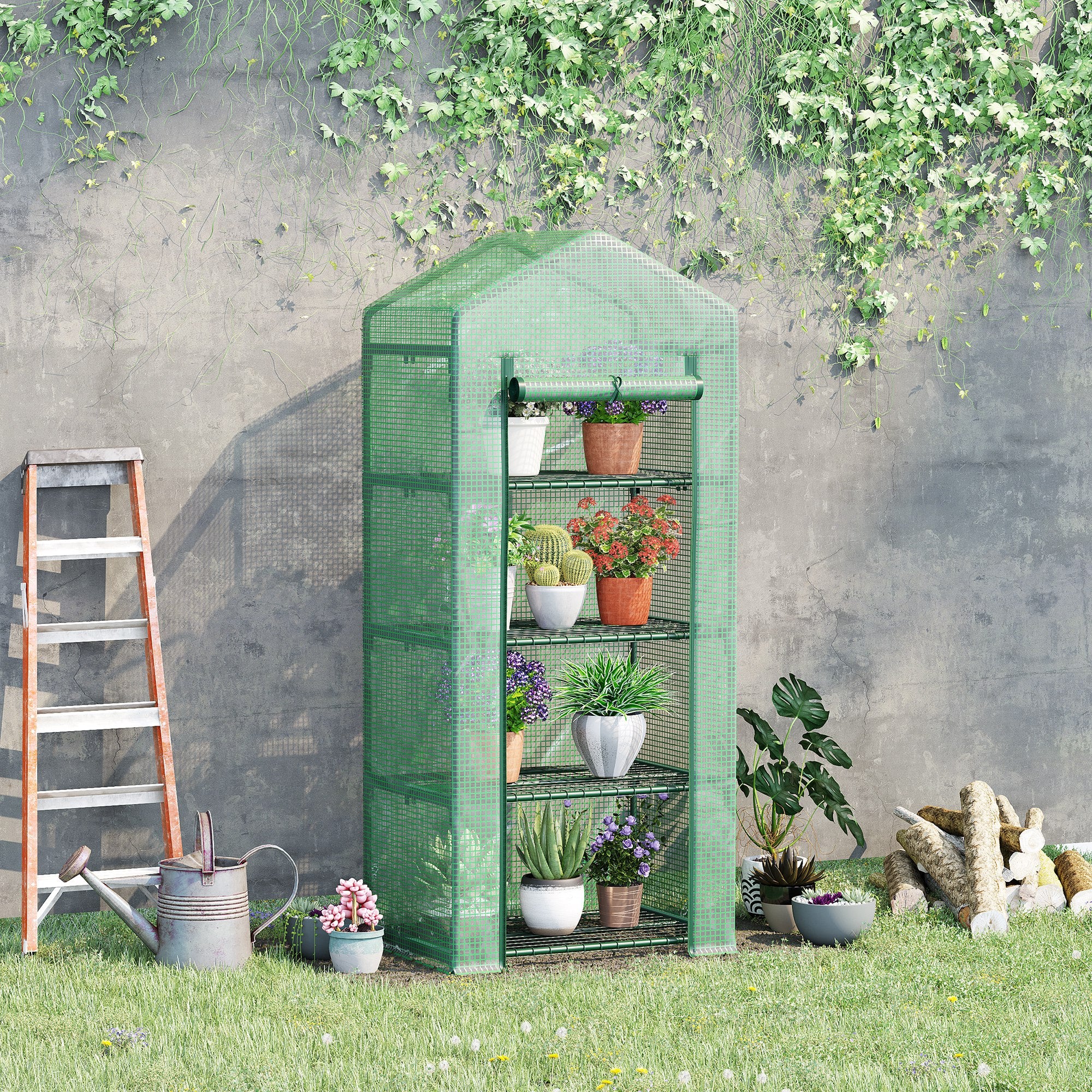 4 Tier Mini Greenhouse, Portable Steel Frame Roll-up Door PE Cover, Green