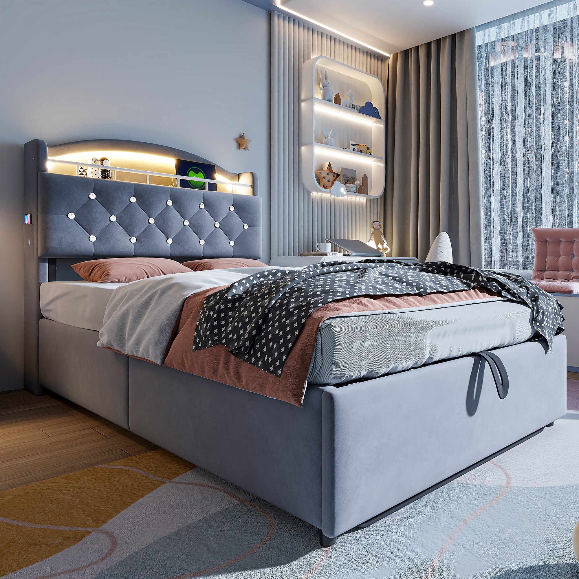 Children's Upholstered Bed, 90x200 Single with Storage, LED & USB, Grey Velvet