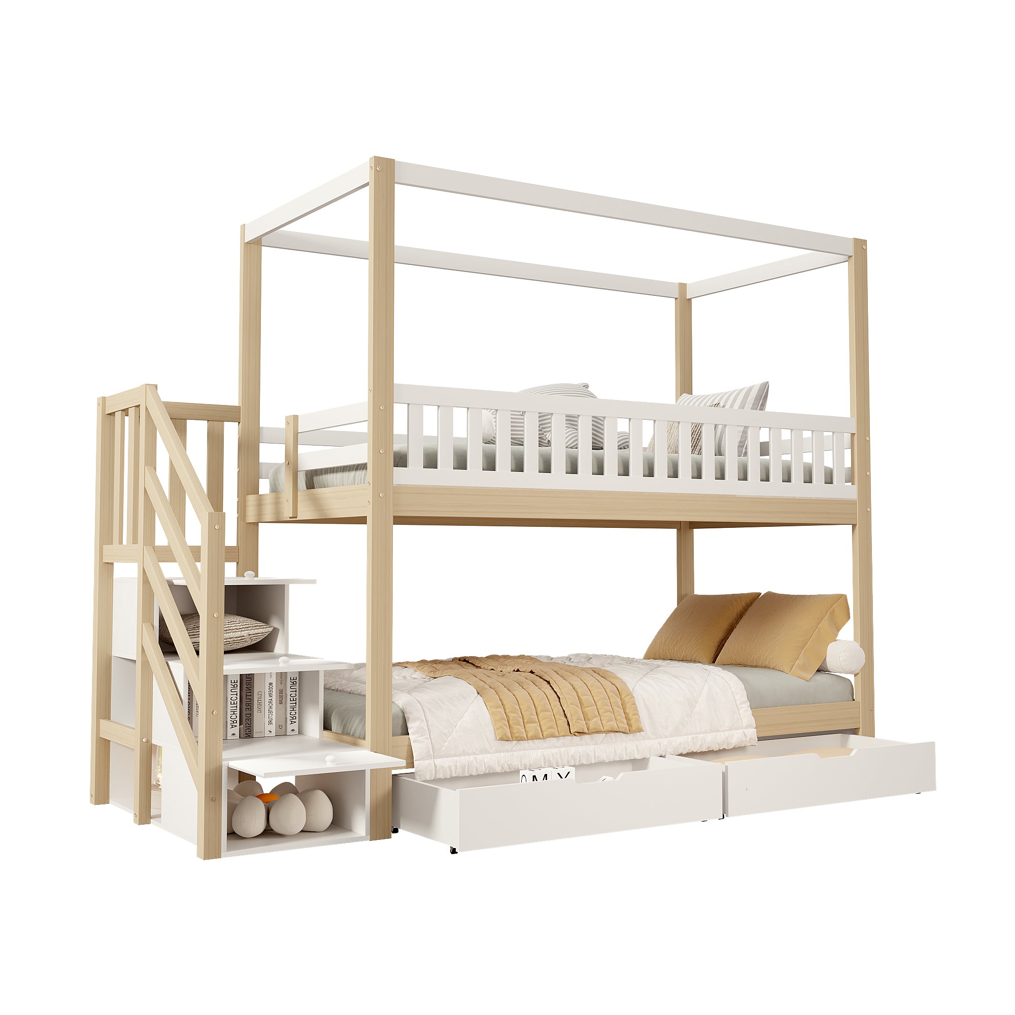 Bunk Bed, 90*200 cm House Shape, Safety Rail, Storage, and Ladder, Solid Wood White/Natural