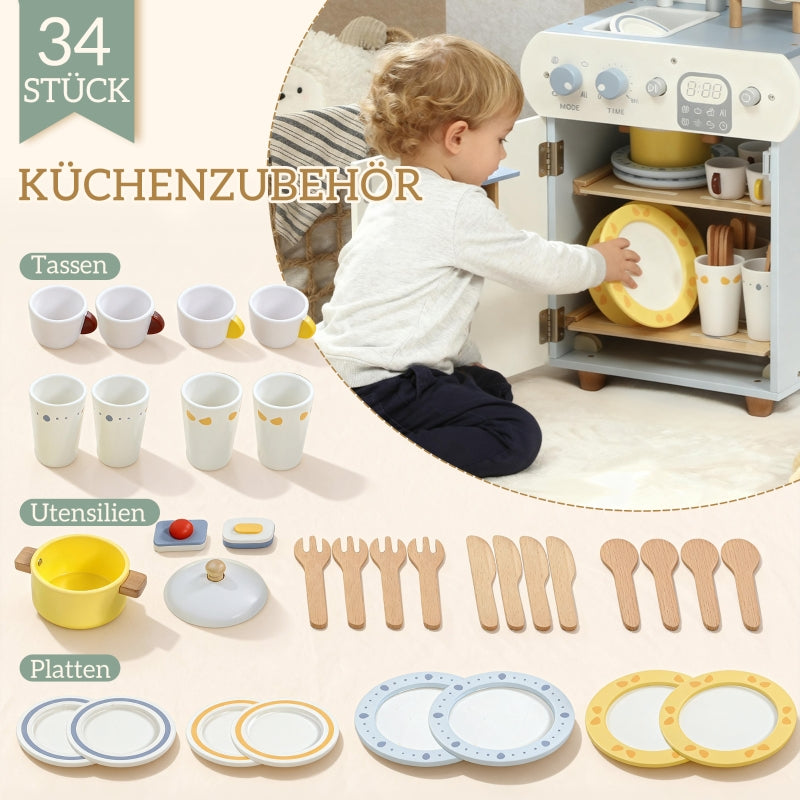 Children's Dishwashing Set with Wooden Dishwasher and 32 Accessories, MDF, Light Blue