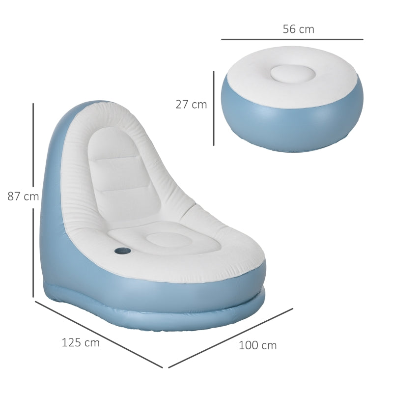 Inflatable Tub Chair and Footstool, Two-Piece Set, Blue/White