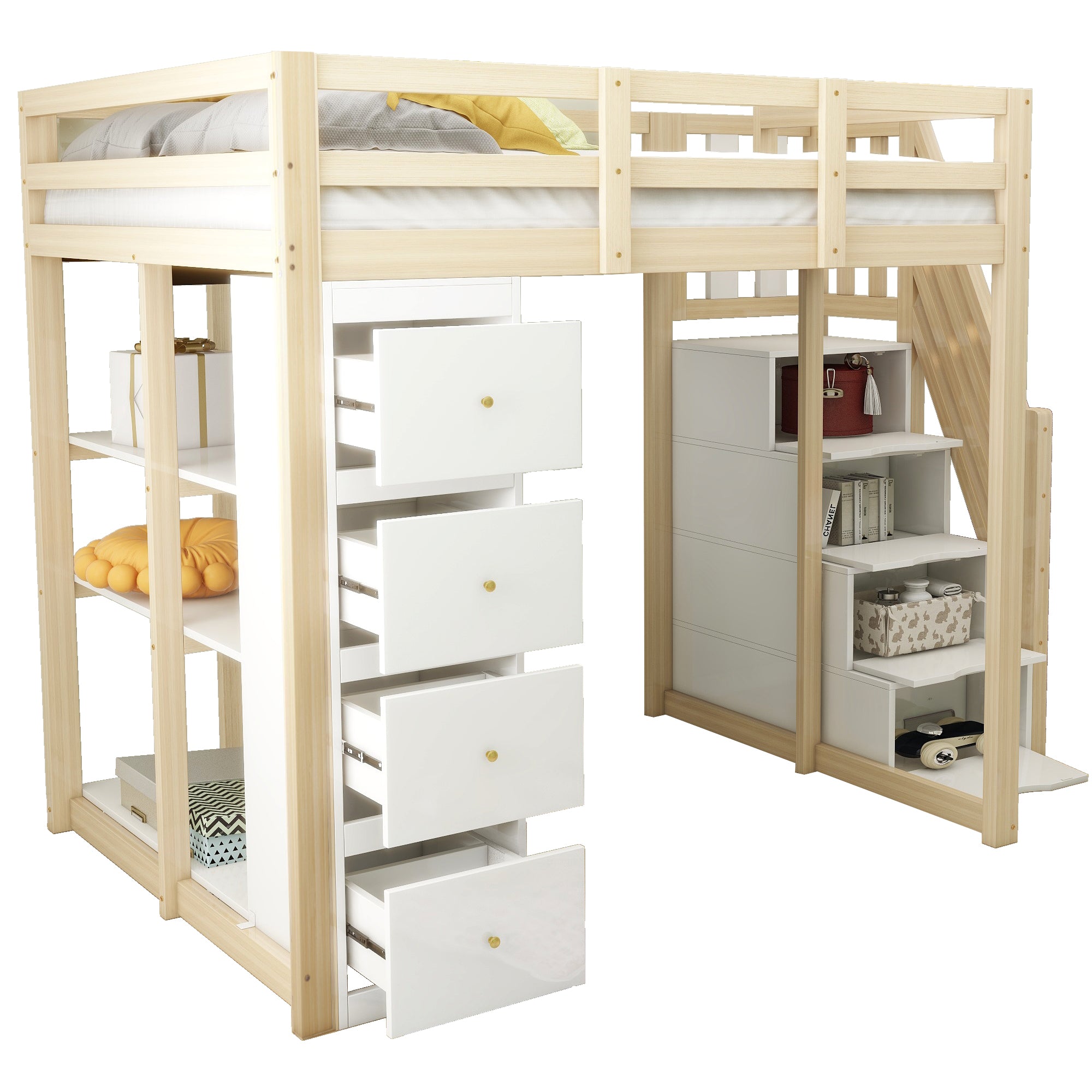 Loft Bed 140x200cm with Storage Drawers, Shelves, & Ladder, Solid Wood