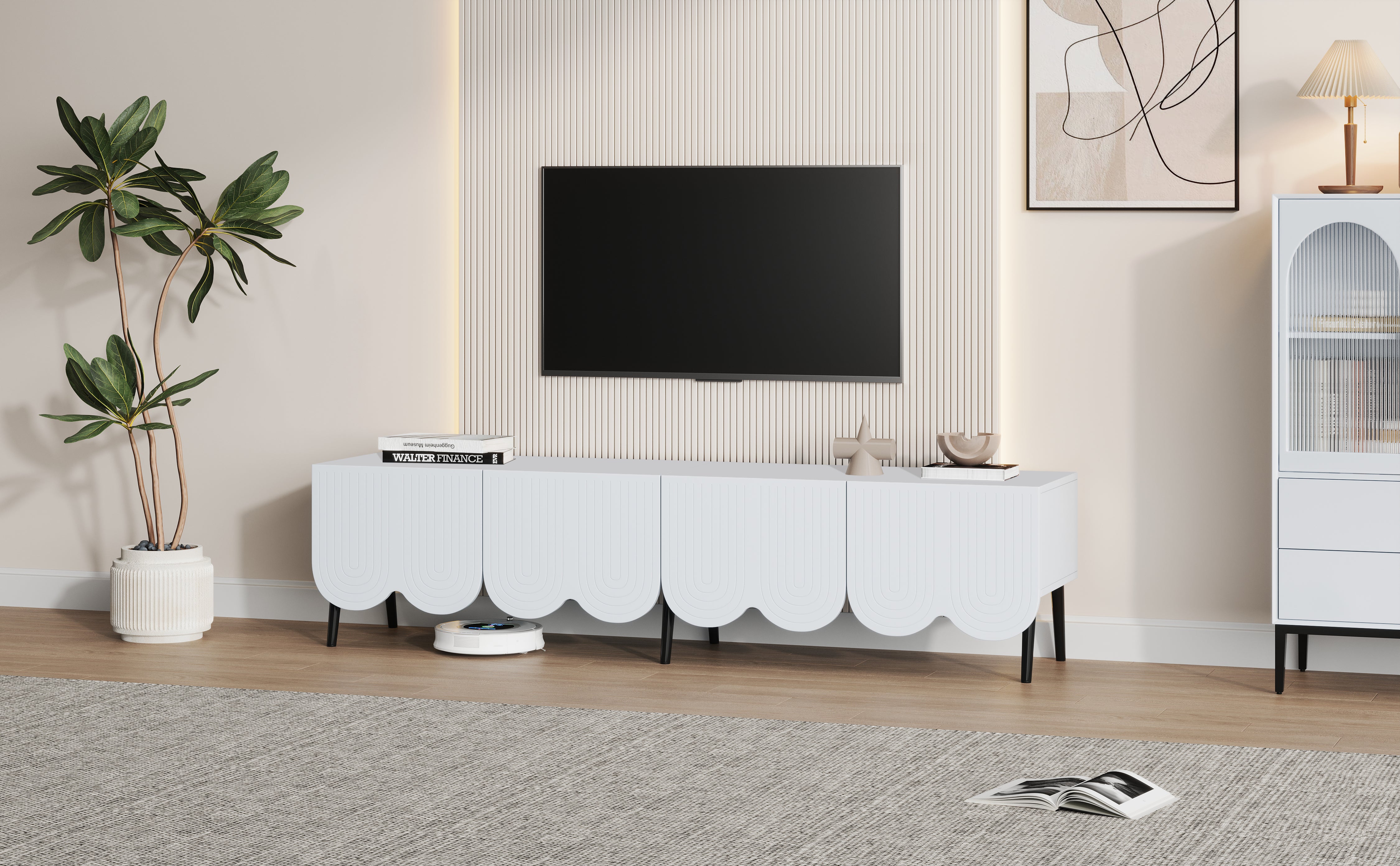 Modern TV cabinet for TVs up to 80 inches with two doors and cable management in white