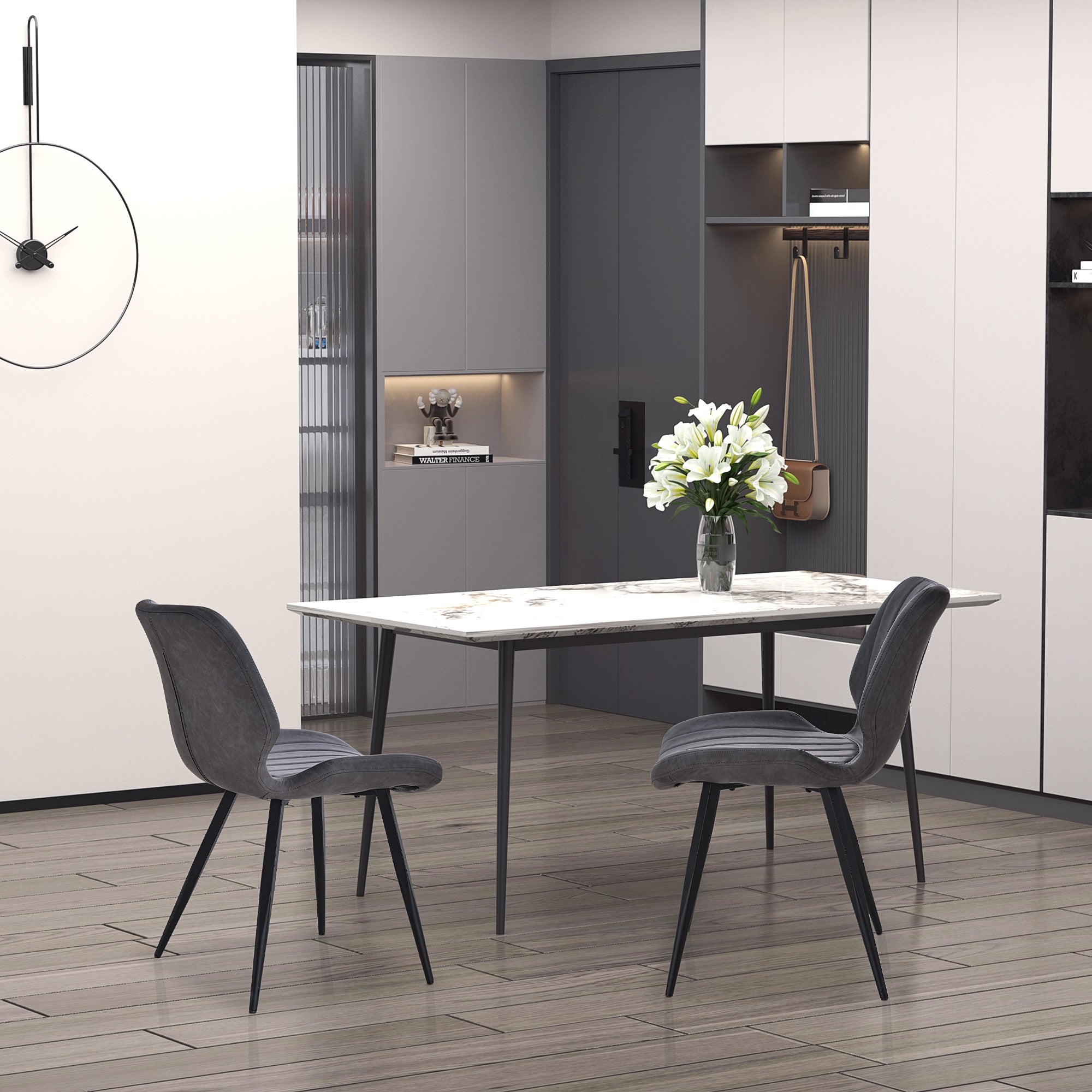 Dining Chairs Set of 2, Upholstered with Backs, Padded Seats and Steel Frame, PU Leather Grey