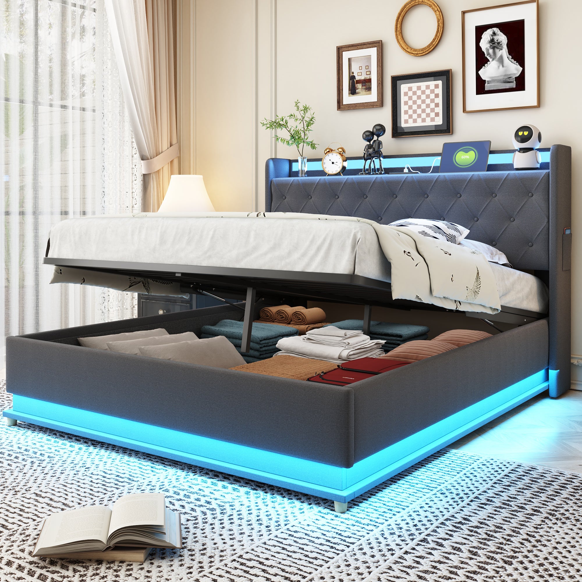 LED Upholstered Bed, USB Charging & Hydraulic Storage, Linen Fabric Gray