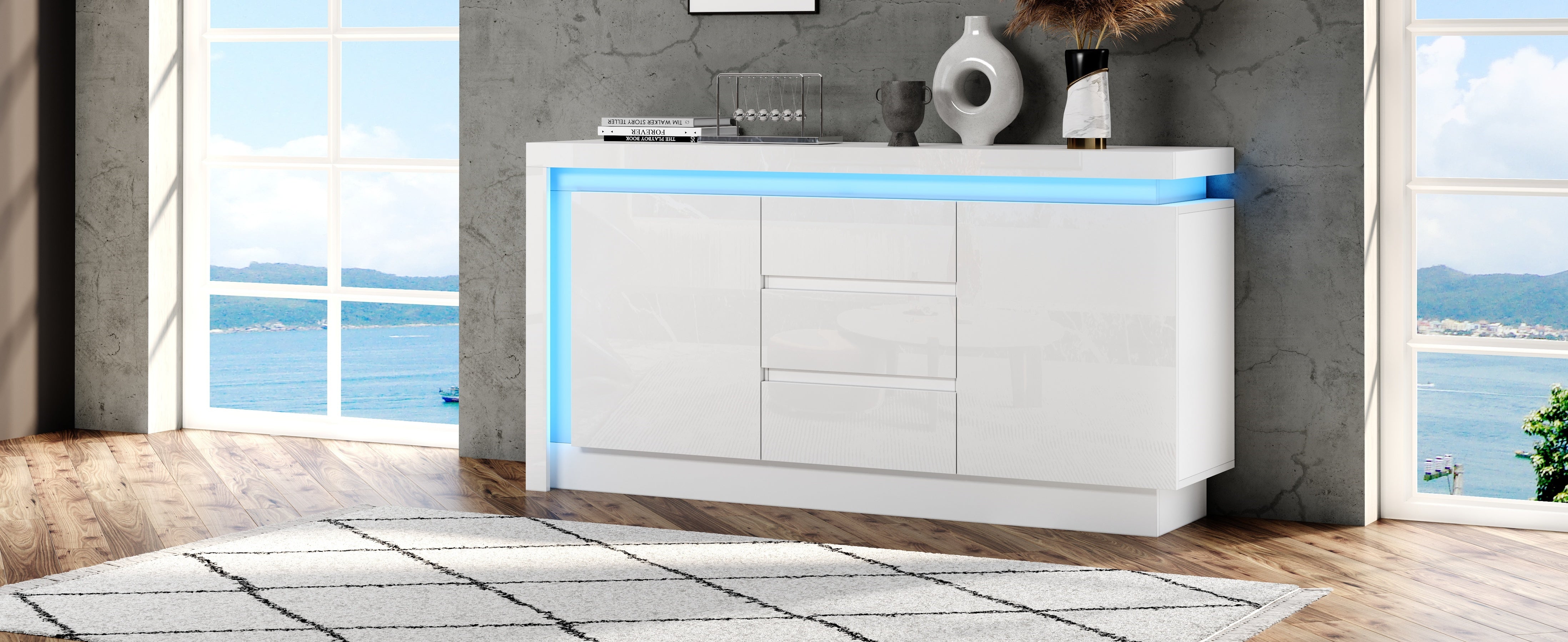 Sideboard, 140x35x72cm, 3 Drawers, 2 Doors, Adjustable Shelves, LED, High-Gloss White