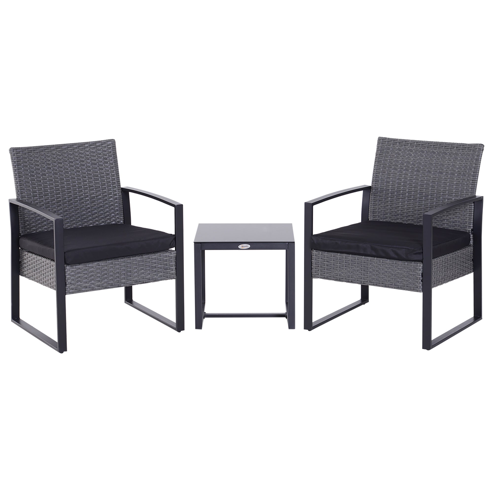 2 Seater Patio Set with Cushions Rattan, Grey/Black