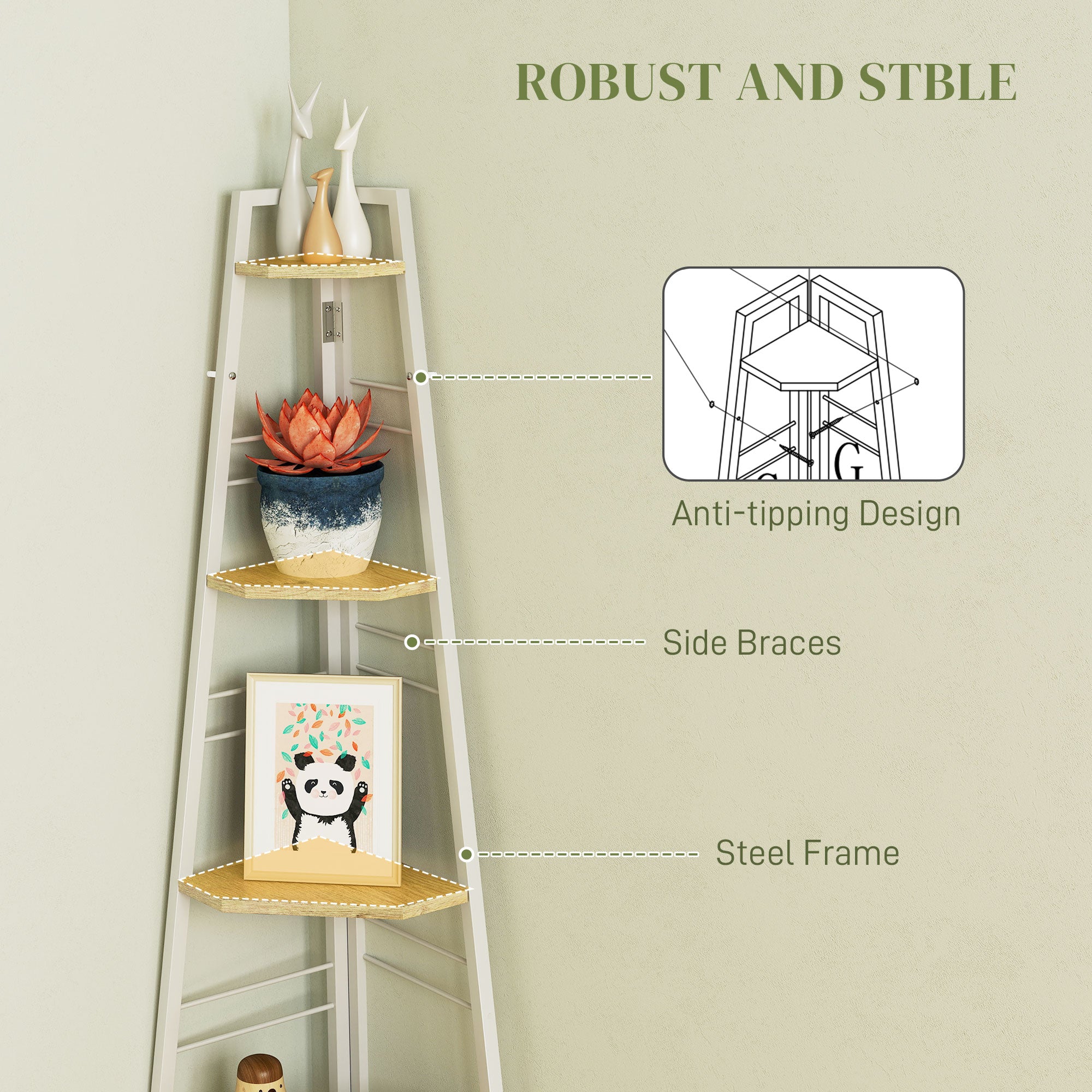 Five-Tier Corner Shelf Storage Unit, White/Wood-Effect