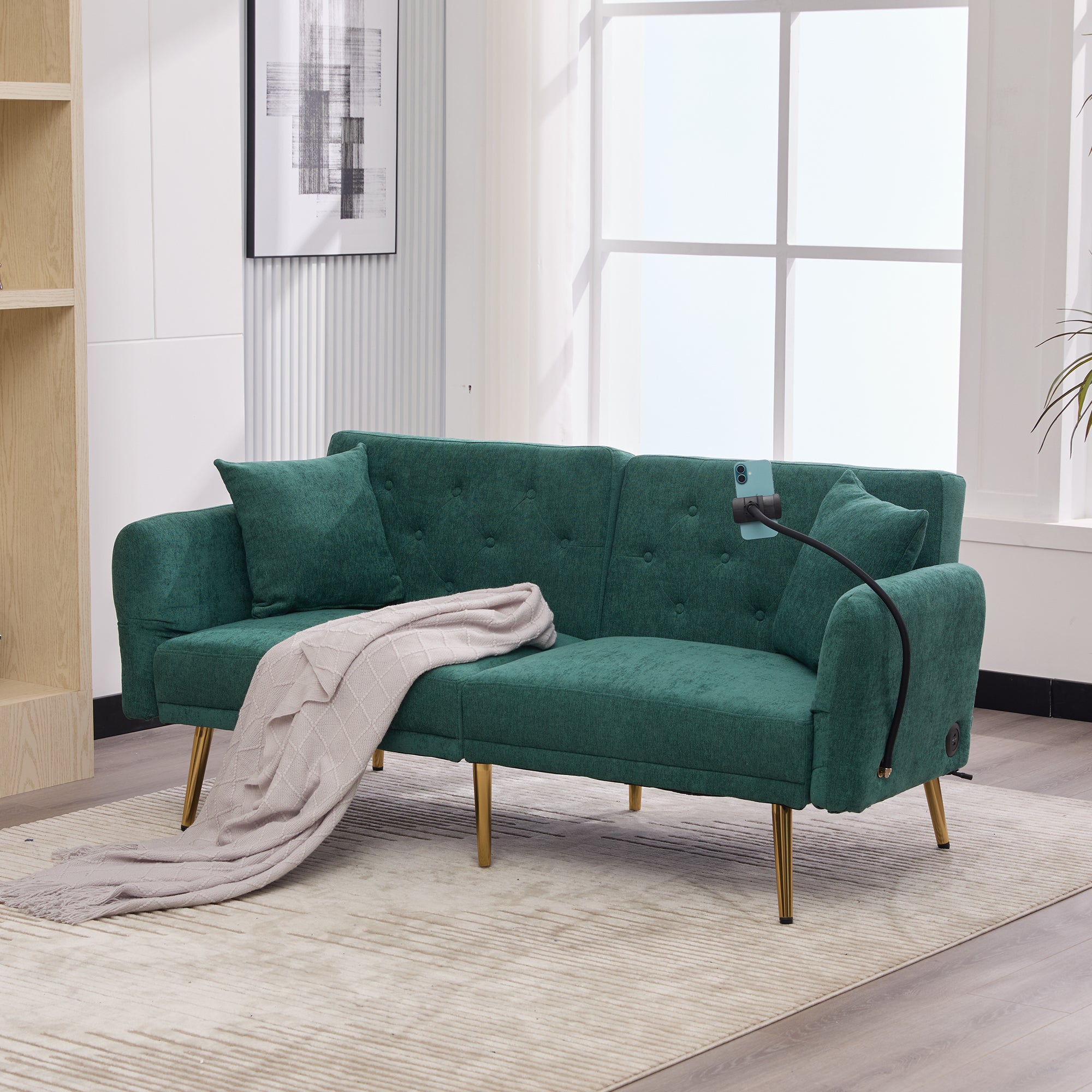 Sofa Bed, Multifunctional Folding with USB & Storage, Metal Legs