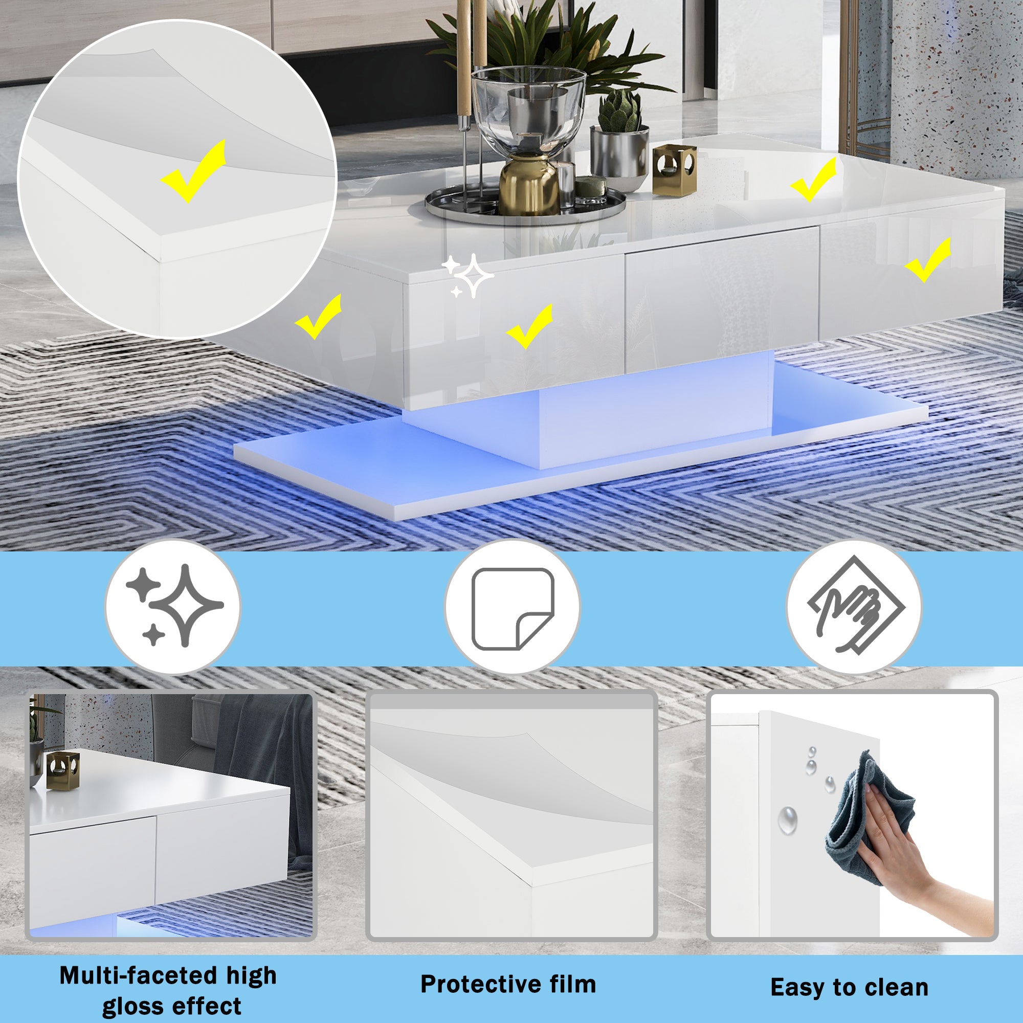 Tea Table, High Gloss Sofa Desk with 2 Drawers, 100cm White