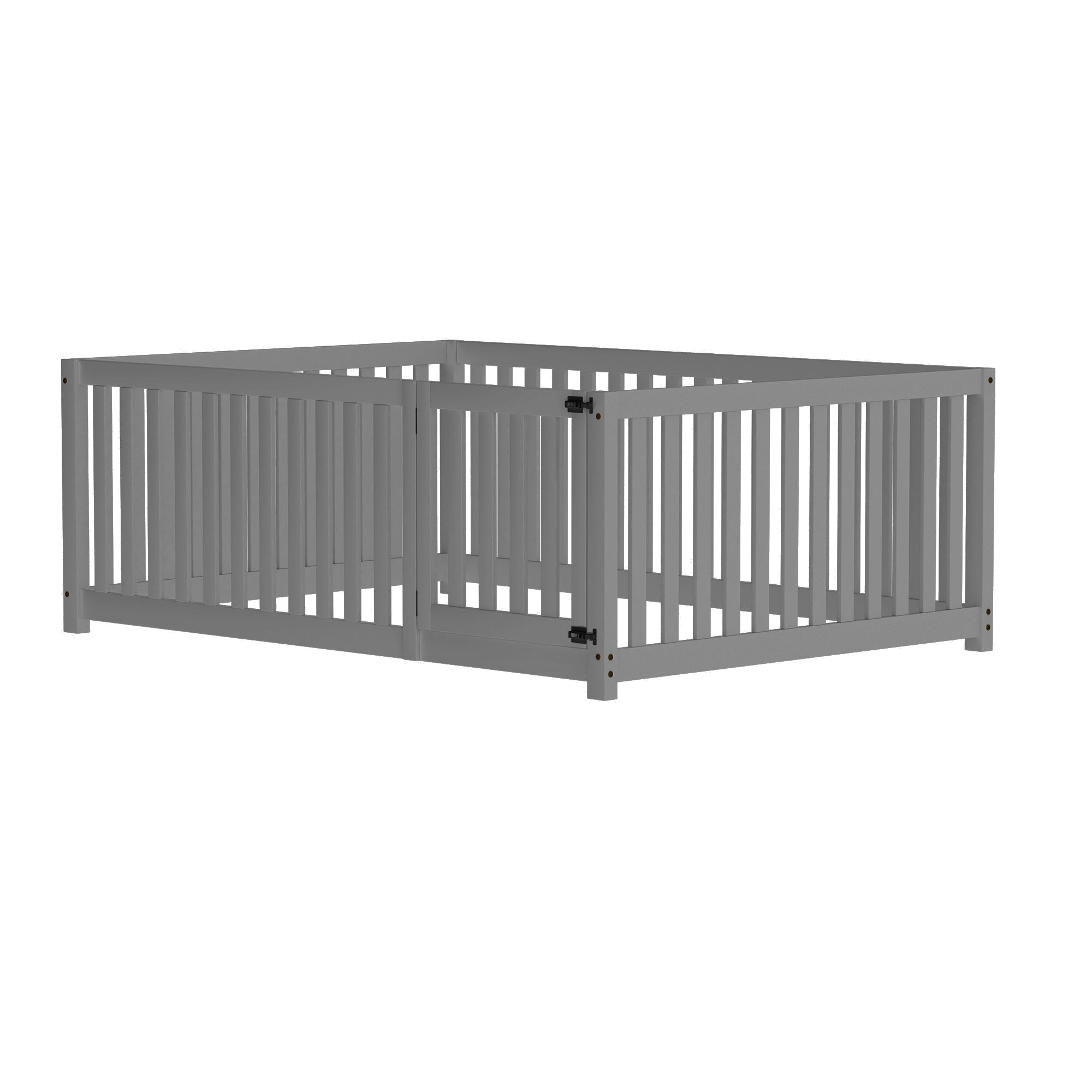 Children's bed 140 x 200, wooden floor bed frame with fence and door, grey