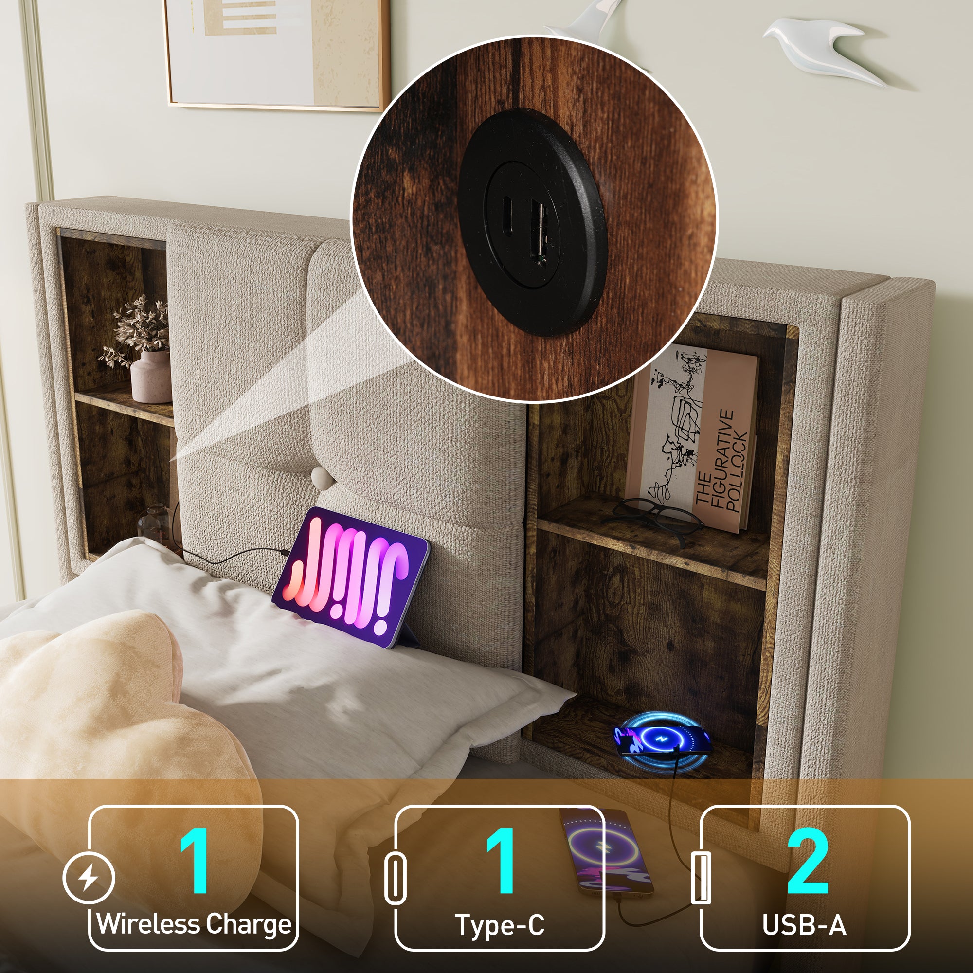 Single Bed, Wireless Charging USB C, Upholstered with Storage, 90x200cm Wood-Natural Linen