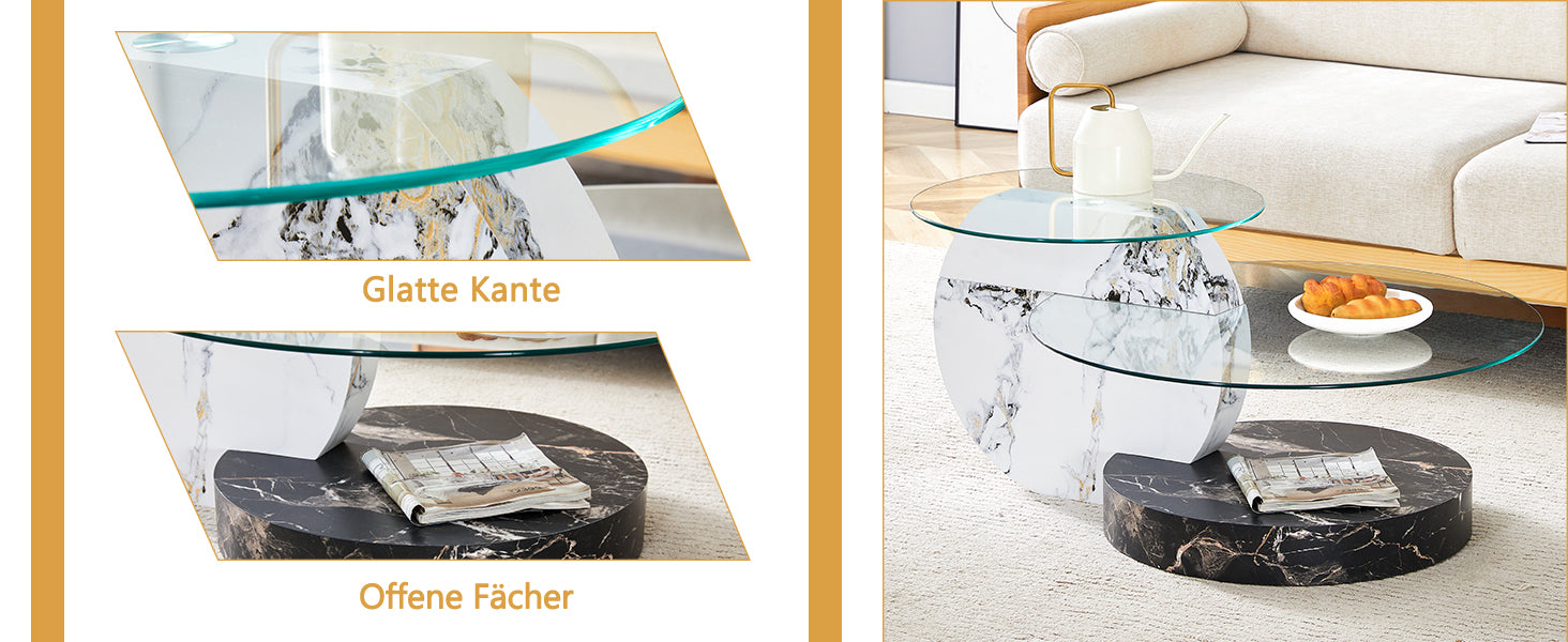 Coffee Table Modern Minimalist Two-Tiered Safety Glass Black and White Marble Effect